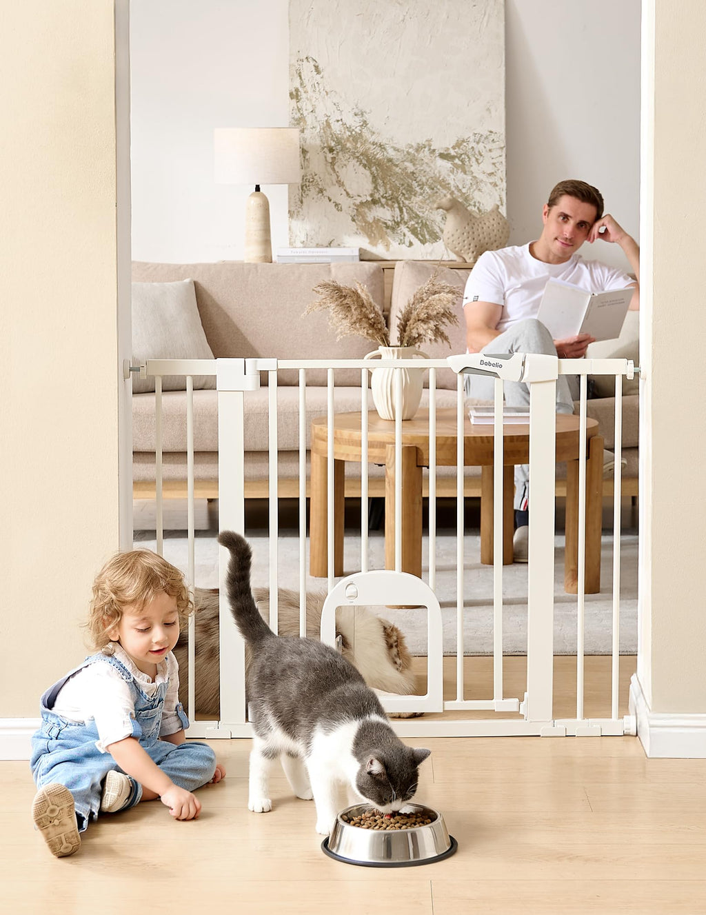 BABELIO Baby Gate with Adjustable Cat Door – 29-43in Wide, Auto-Close & Walk-Through