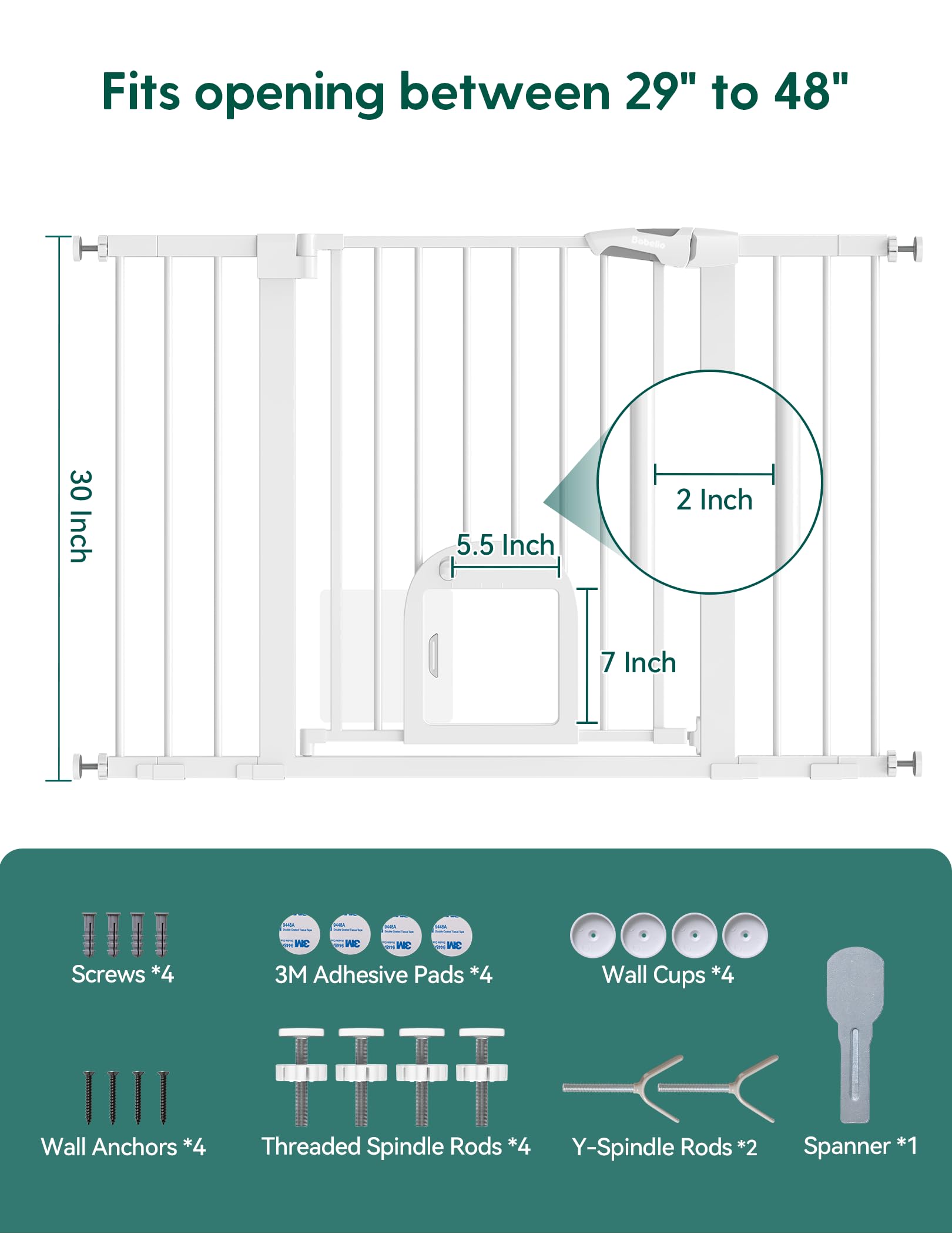 BABELIO 29-48in Extra Wide Baby Gate with Adjustable Cat Door – White