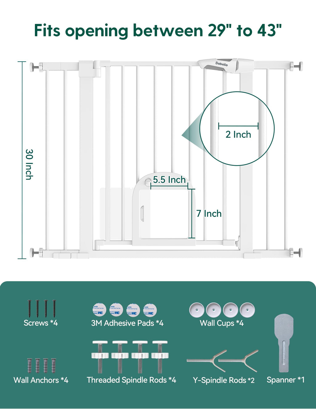 BABELIO Baby Gate with Adjustable Cat Door – 29-43in Wide, Auto-Close & Walk-Through