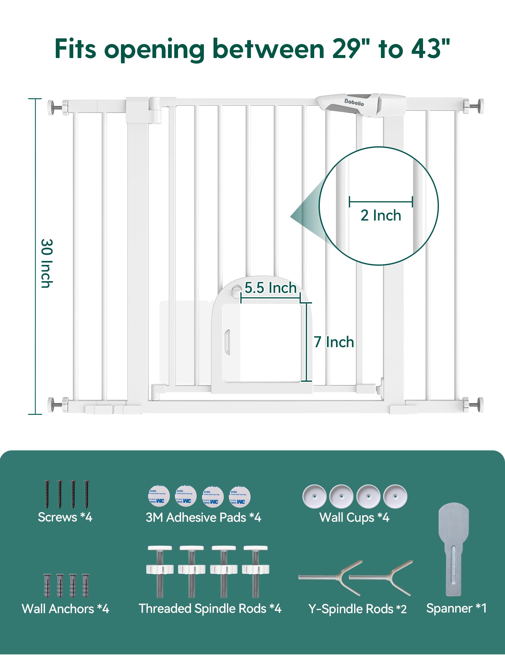 BABELIO Baby Gate with Adjustable Cat Door – 29-43in Wide, Auto-Close & Walk-Through