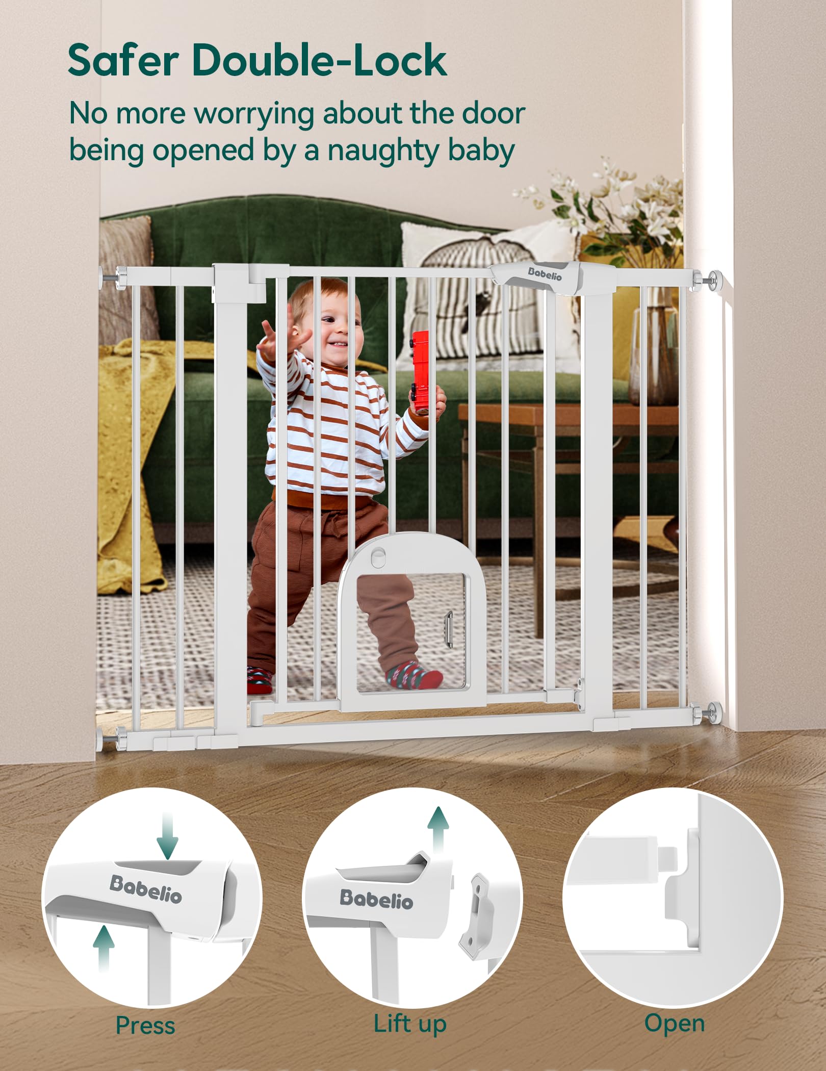 BABELIO Baby Gate with Adjustable Cat Door – 29-43in Wide, Auto-Close & Walk-Through