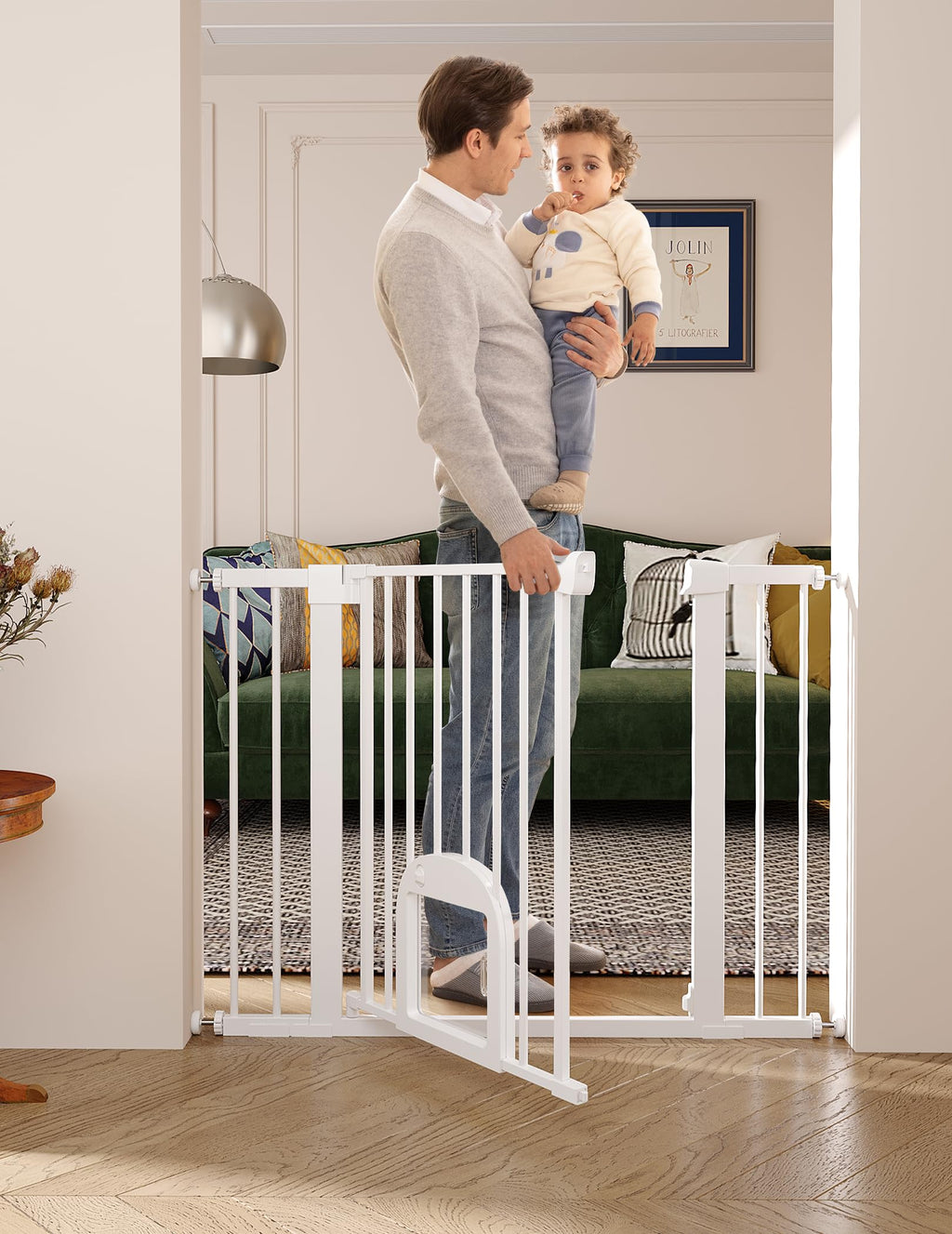 BABELIO Baby Gate with Adjustable Cat Door – 29-43in Wide, Auto-Close & Walk-Through