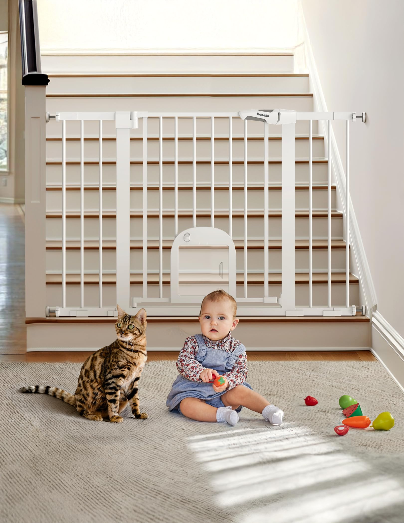 BABELIO 29-48in Extra Wide Baby Gate with Adjustable Cat Door – White