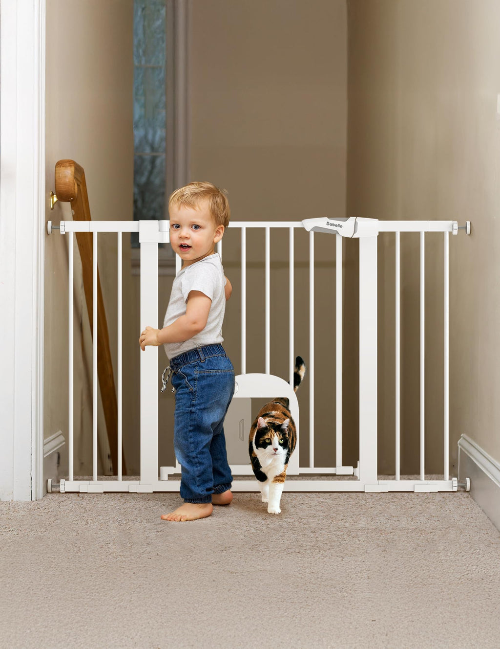 BABELIO 29-48in Extra Wide Baby Gate with Adjustable Cat Door – White