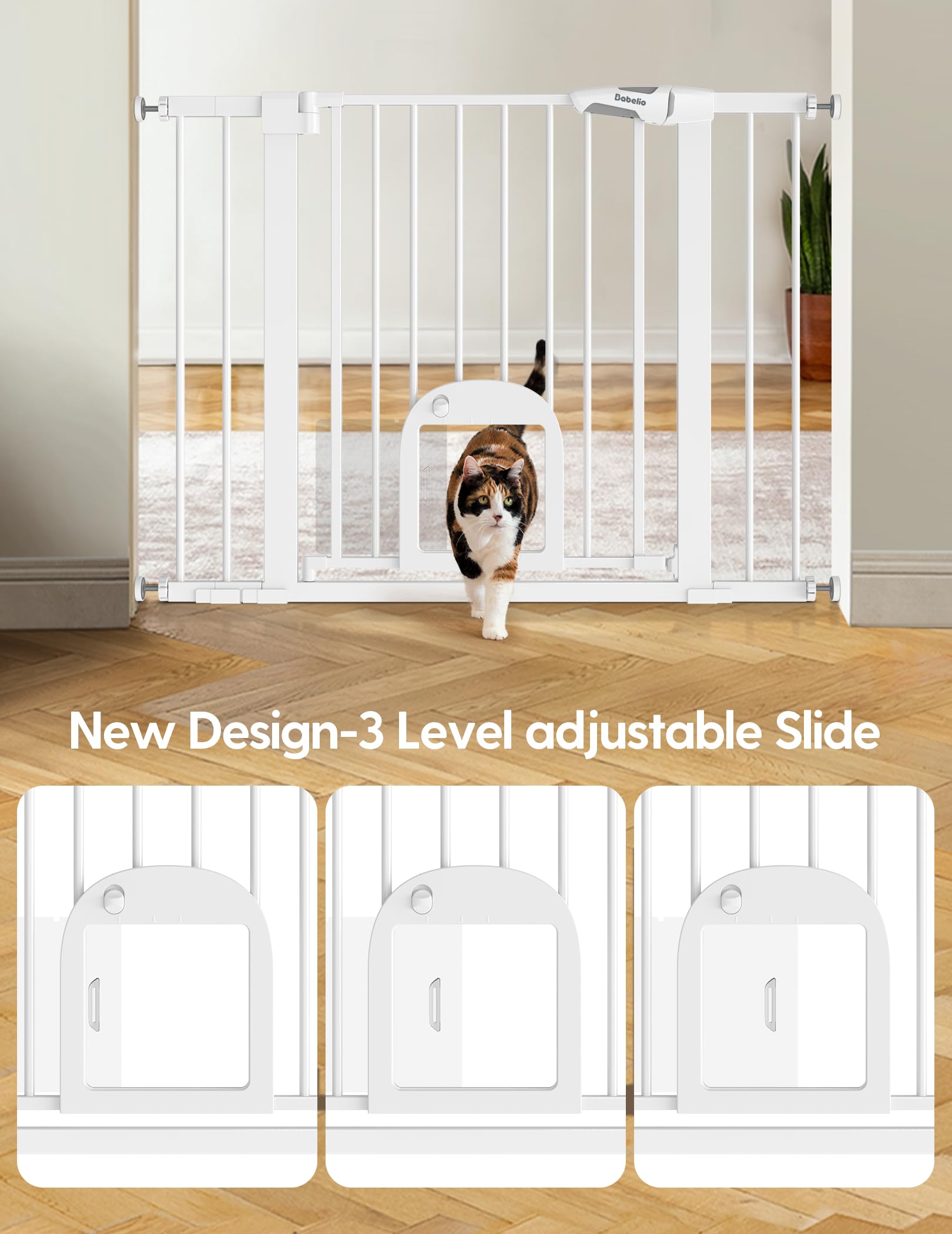 BABELIO Baby Gate with Adjustable Cat Door – 29-43in Wide, Auto-Close & Walk-Through
