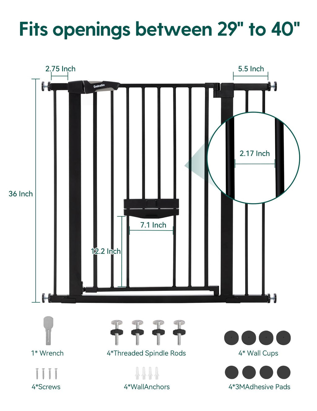 BABELIO 36-Inch Extra Tall Baby Gate with Cat Door – Adjustable 29-40 Inches, Auto-Close, Black