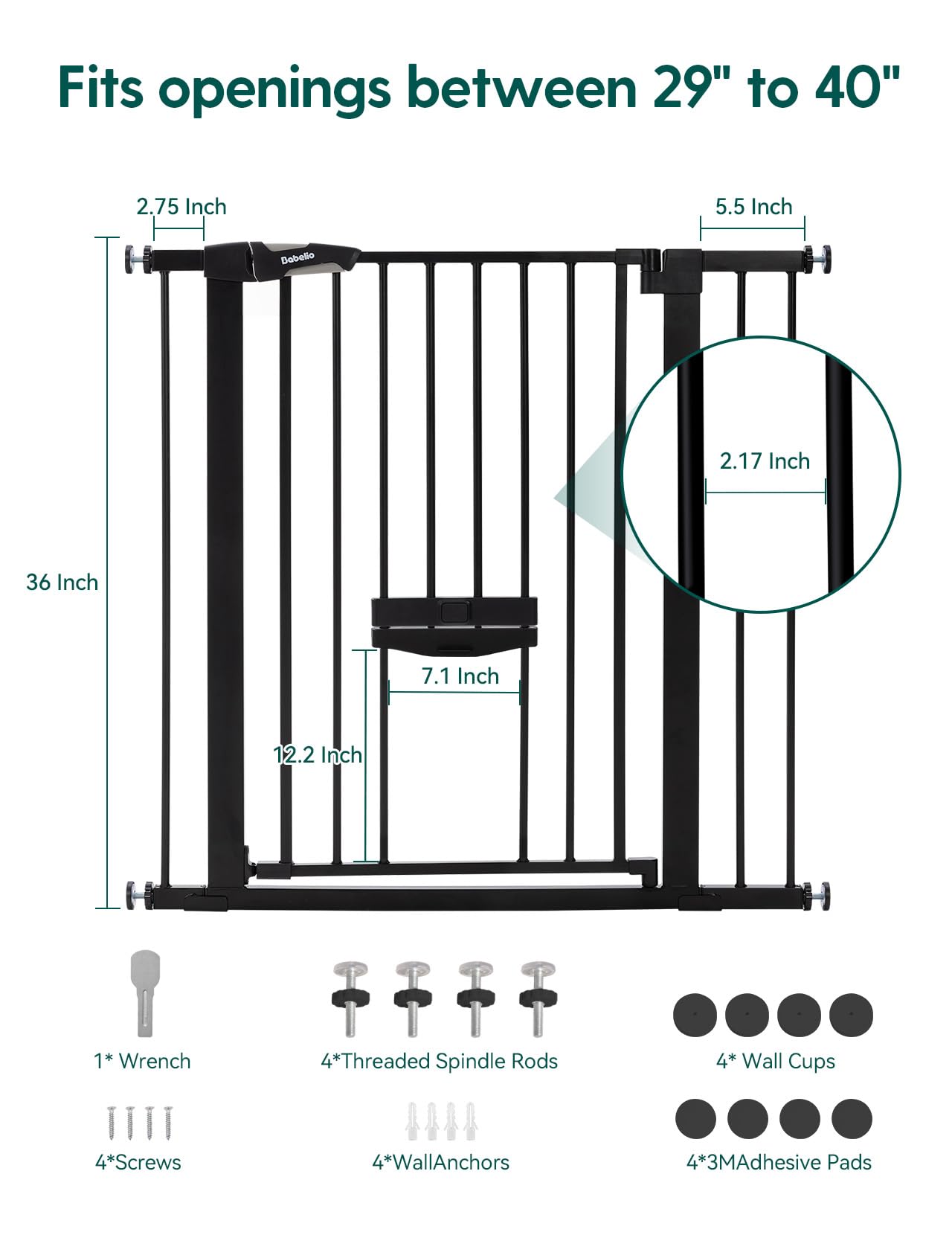 BABELIO 36-Inch Extra Tall Baby Gate with Cat Door – Adjustable 29-40 Inches, Auto-Close, Black