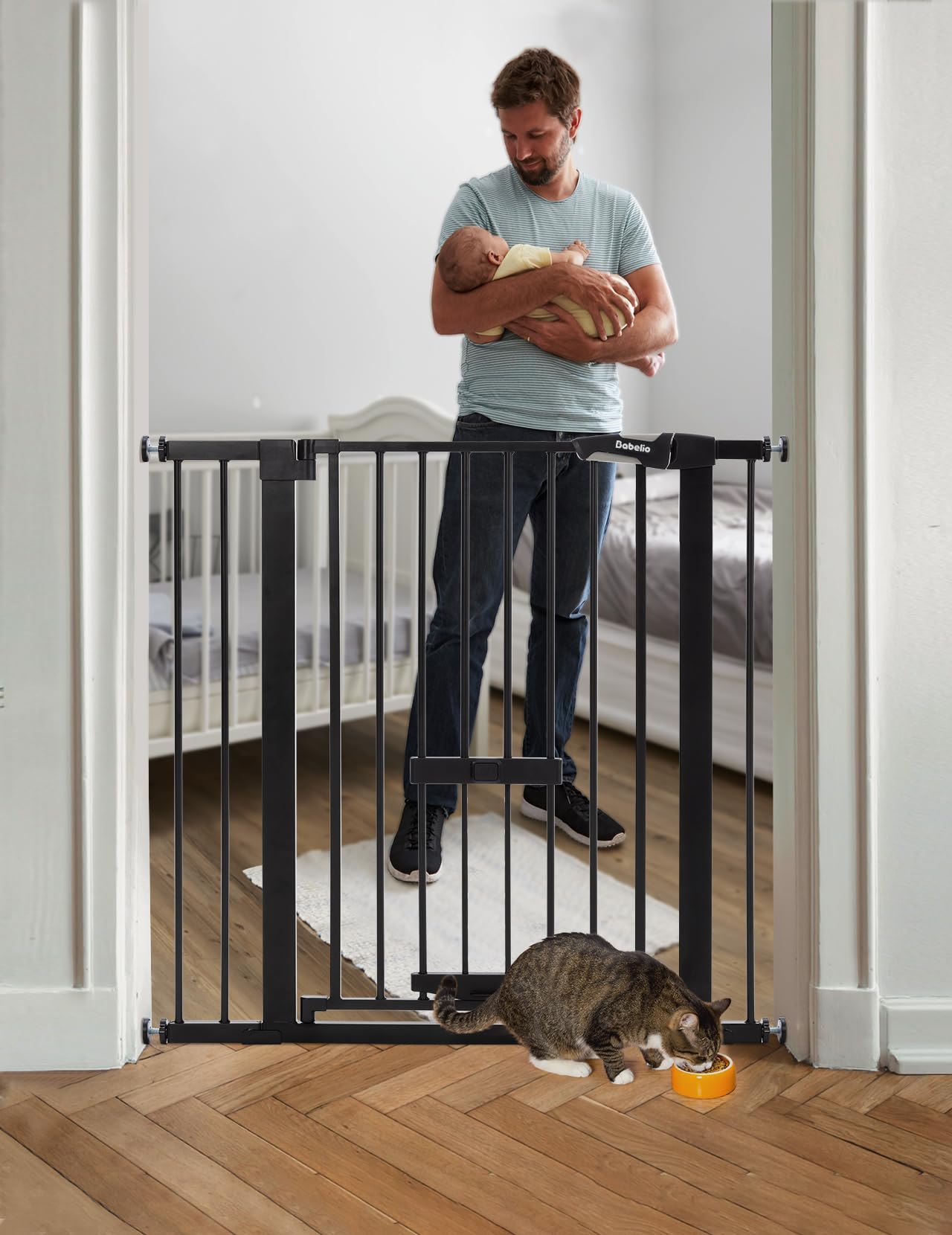 BABELIO 36-Inch Extra Tall Baby Gate with Cat Door – Adjustable 29-40 Inches, Auto-Close, Black