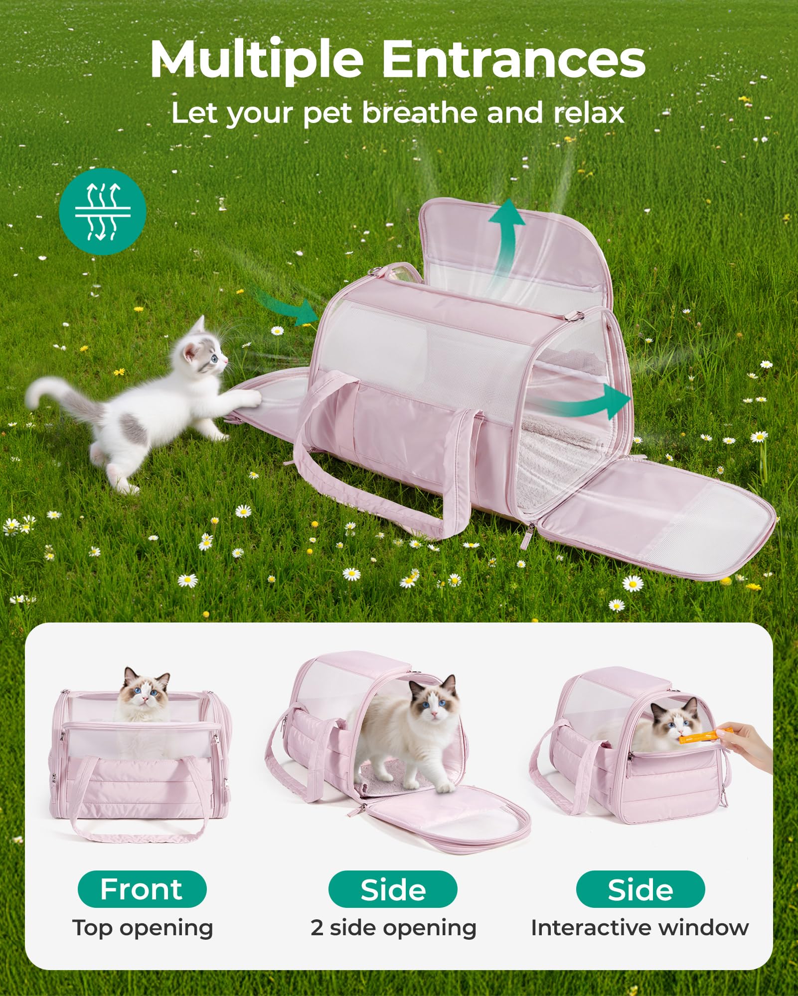 BAGSMART Cat Carrier - Soft-Sided Quilted Pink Travel Bag for Pets Up to 20 lbs