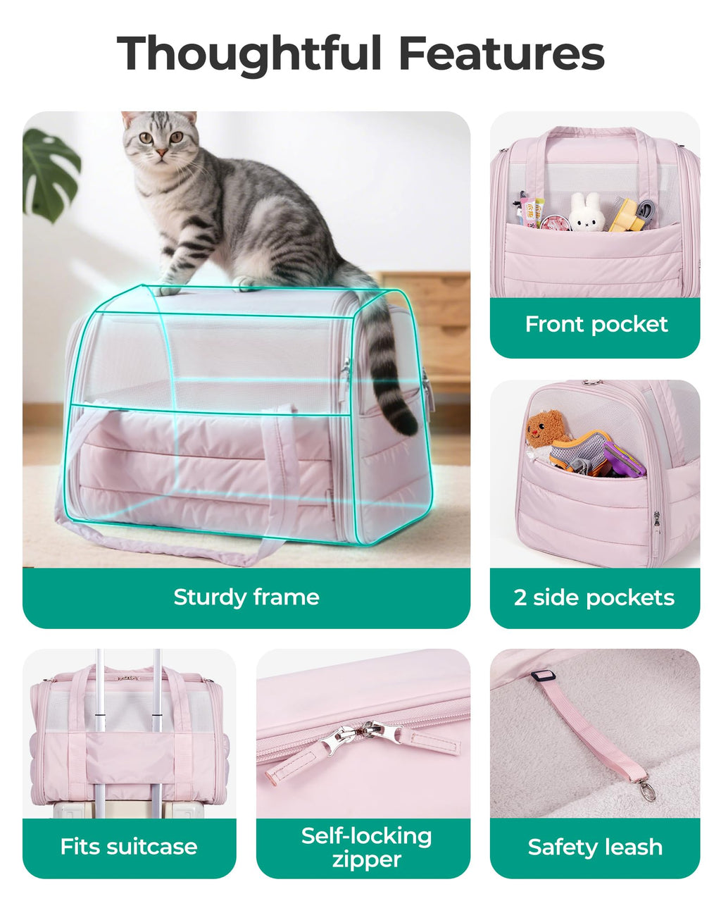 BAGSMART Cat Carrier - Soft-Sided Quilted Pink Travel Bag for Pets Up to 20 lbs