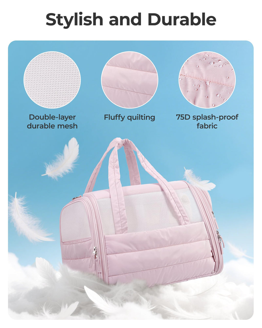 BAGSMART Cat Carrier - Soft-Sided Quilted Pink Travel Bag for Pets Up to 20 lbs