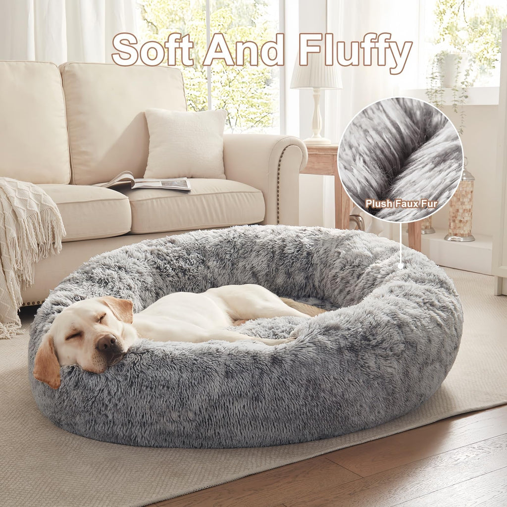 BedStill 45-Inch Donut Dog Bed for Extra Large Dogs – Calming Plush Round Bed with Removable Cover (Dark Grey, XL)