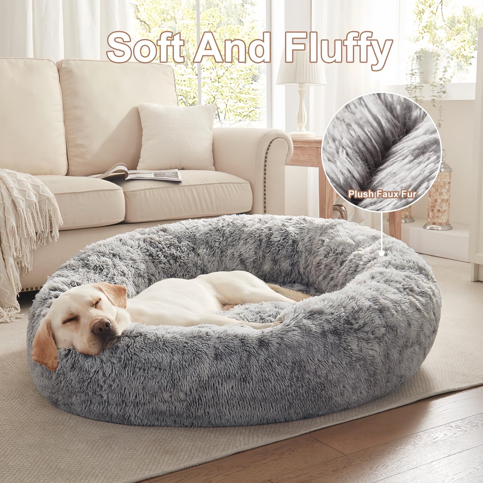 BedStill 45-Inch Donut Dog Bed for Extra Large Dogs – Calming Plush Round Bed with Removable Cover (Dark Grey, XL)