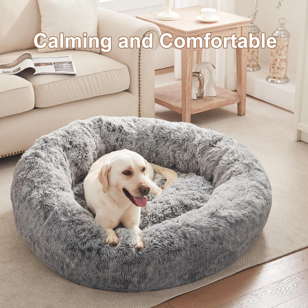 BedStill 45-Inch Donut Dog Bed for Extra Large Dogs – Calming Plush Round Bed with Removable Cover (Dark Grey, XL)