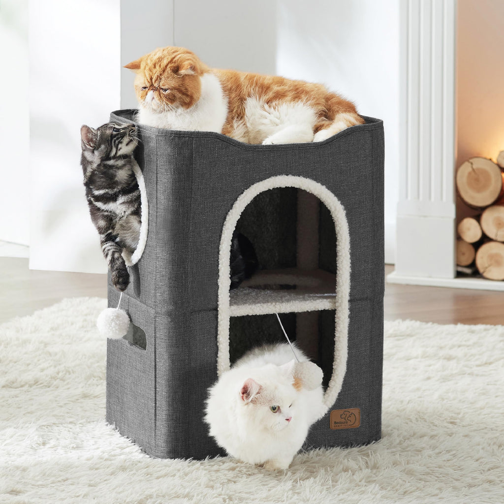 Bedsure 2 Story Cat House – Indoor Cat Condo with Scratch Pad & Plush Ball (23x18x14 in)
