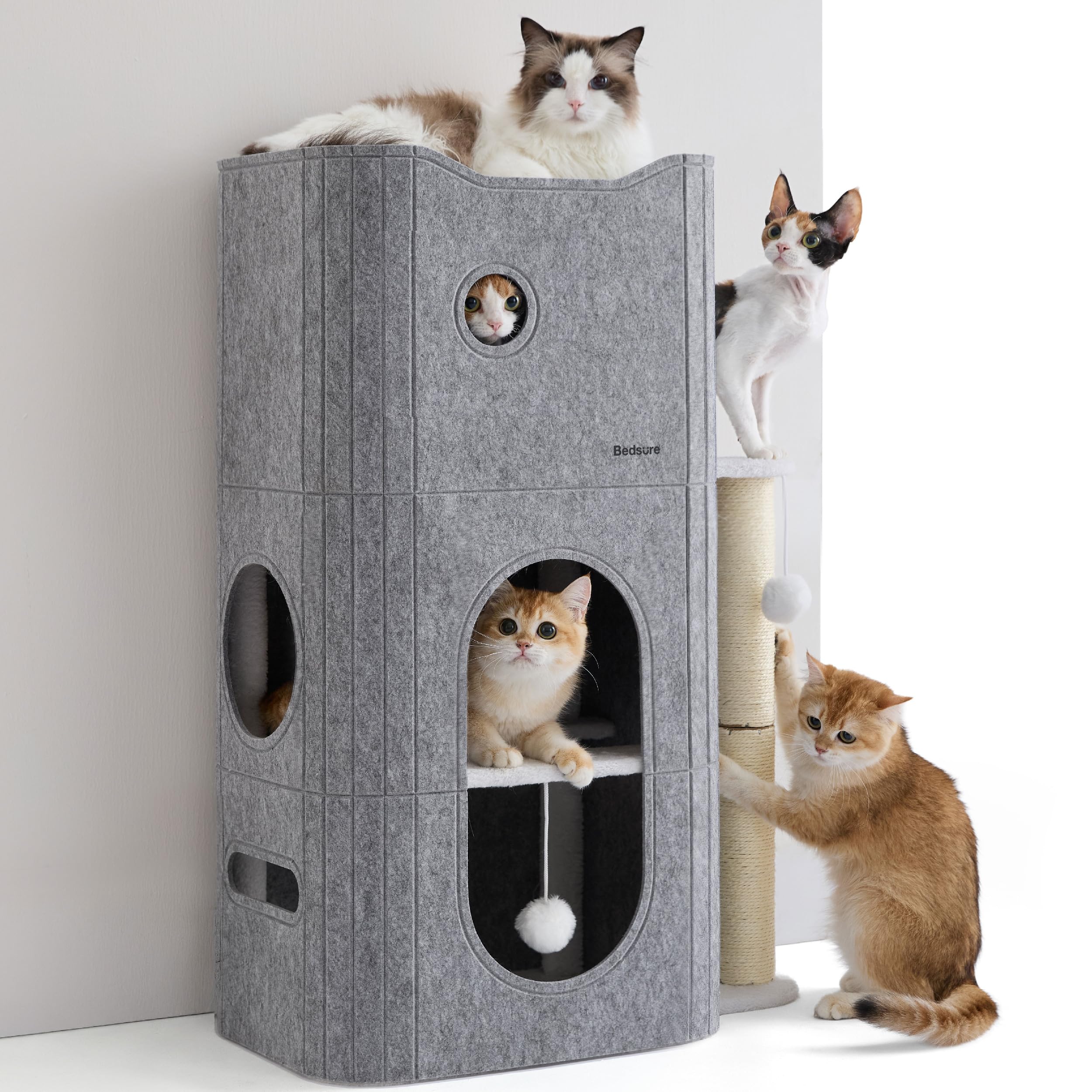 Bedsure 3-Level Indoor Cat Bed — Multi-Cat Cat Condo with Scratching Post and Hideaway Cave (Grey)