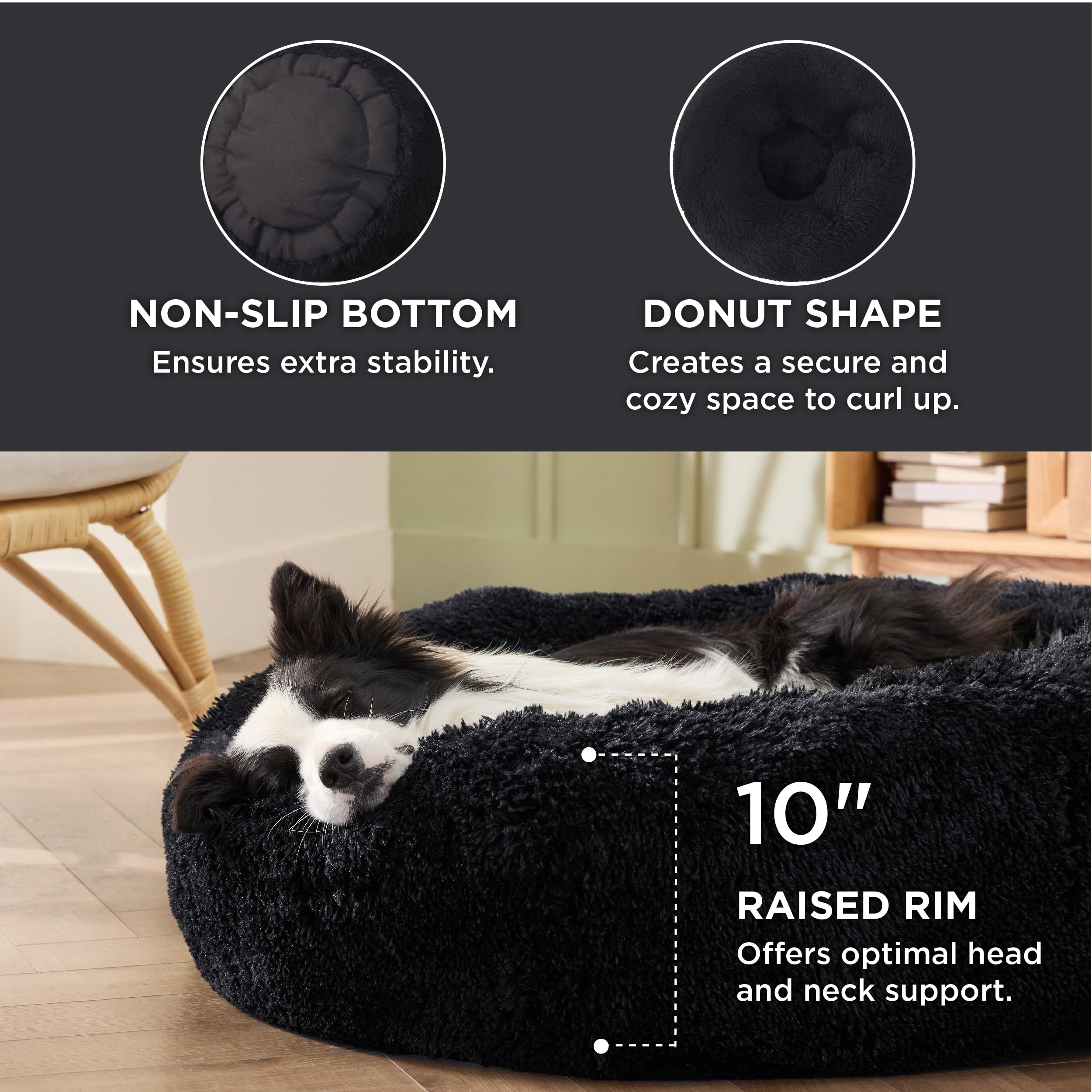 Bedsure Calming Dog Bed for Large Dogs — 36-Inch Donut Round, Anti-Slip, Plush Faux Fur, Up to 80 lbs | Black