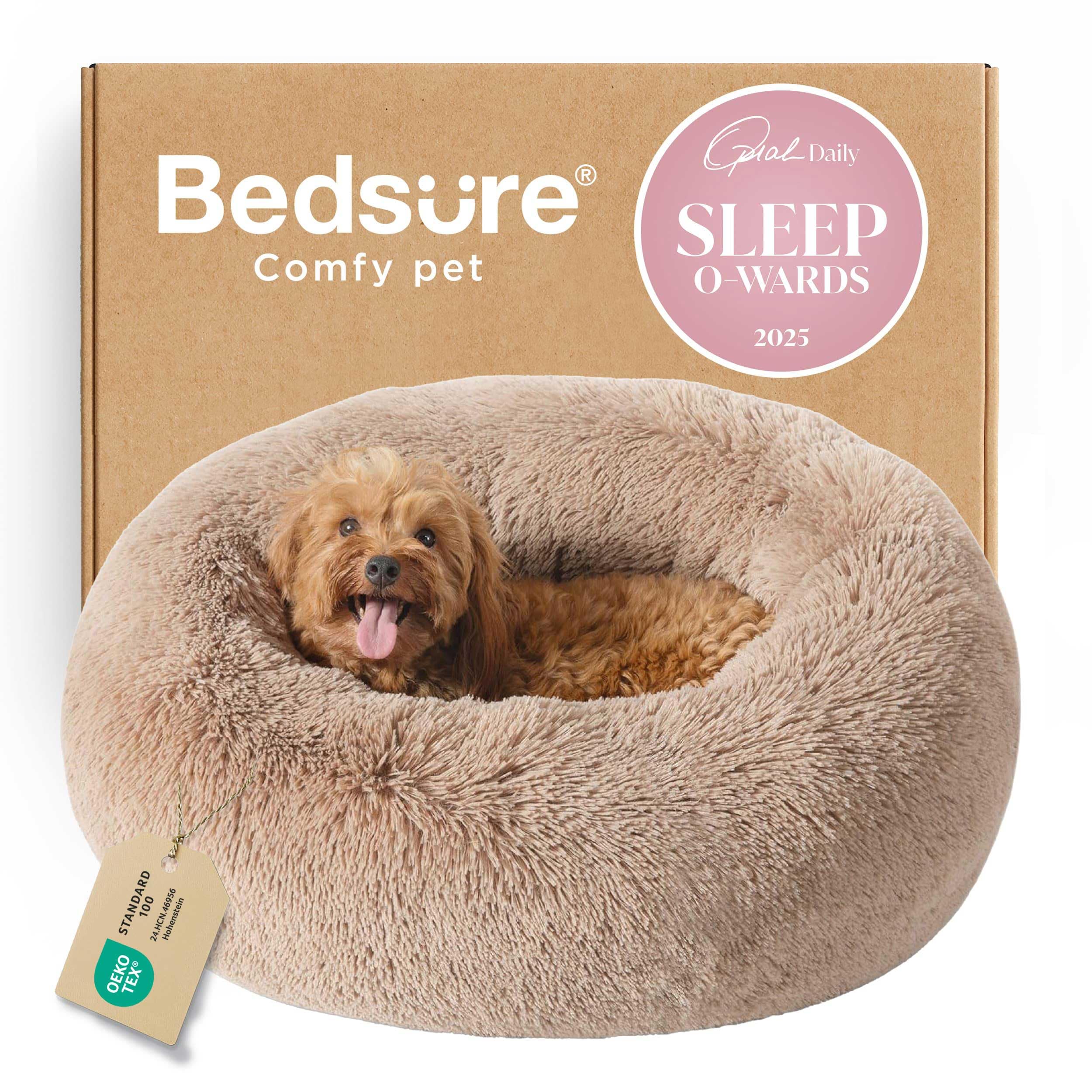 Bedsure Calming Donut Dog Bed for Small to Medium Dogs - 27-Inch Round Anti-Slip Camel