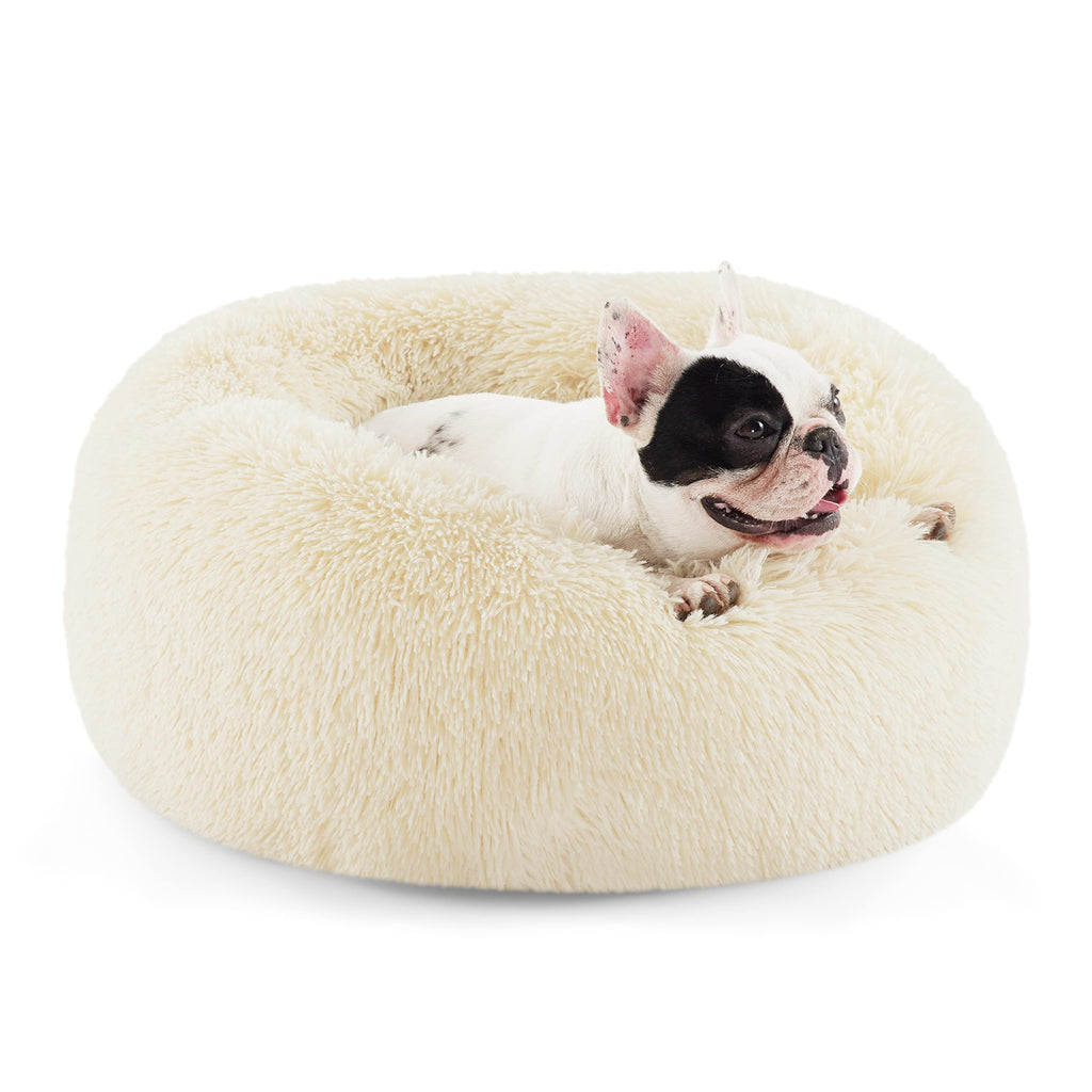 Bedsure Calming Donut Dog Bed for Small Dogs – 23-Inch Round, Ivory Beige, Non-Slip & Washable