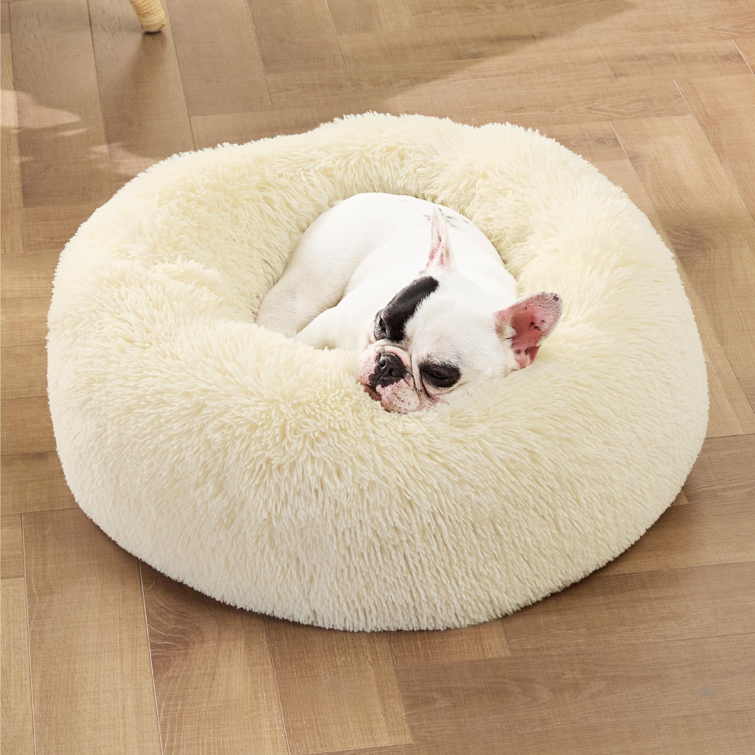 Bedsure Calming Dog Bed for Small & Medium Dogs - Donut Round 27-Inch, Ivory Beige