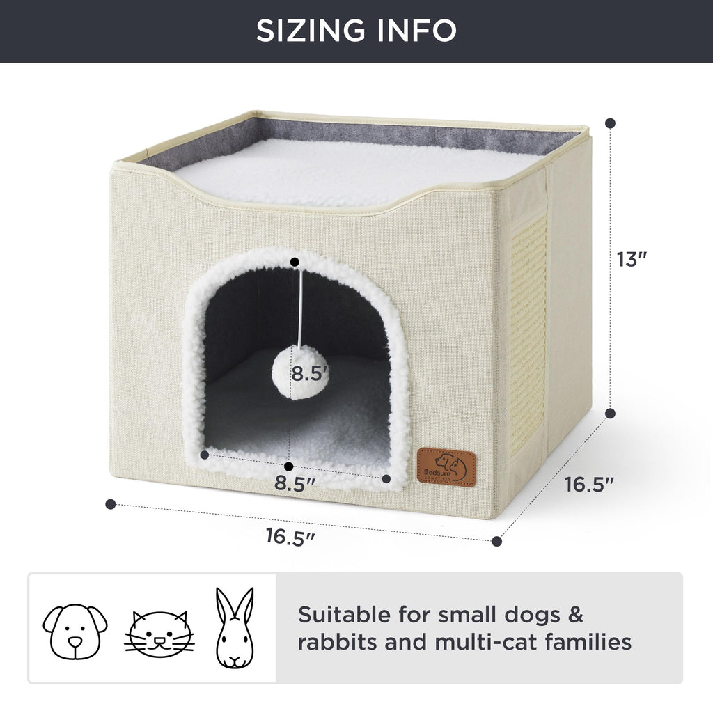 Bedsure Cat Beds for Indoor Cats — Large Ivory Cat Cave with Scratch Pad