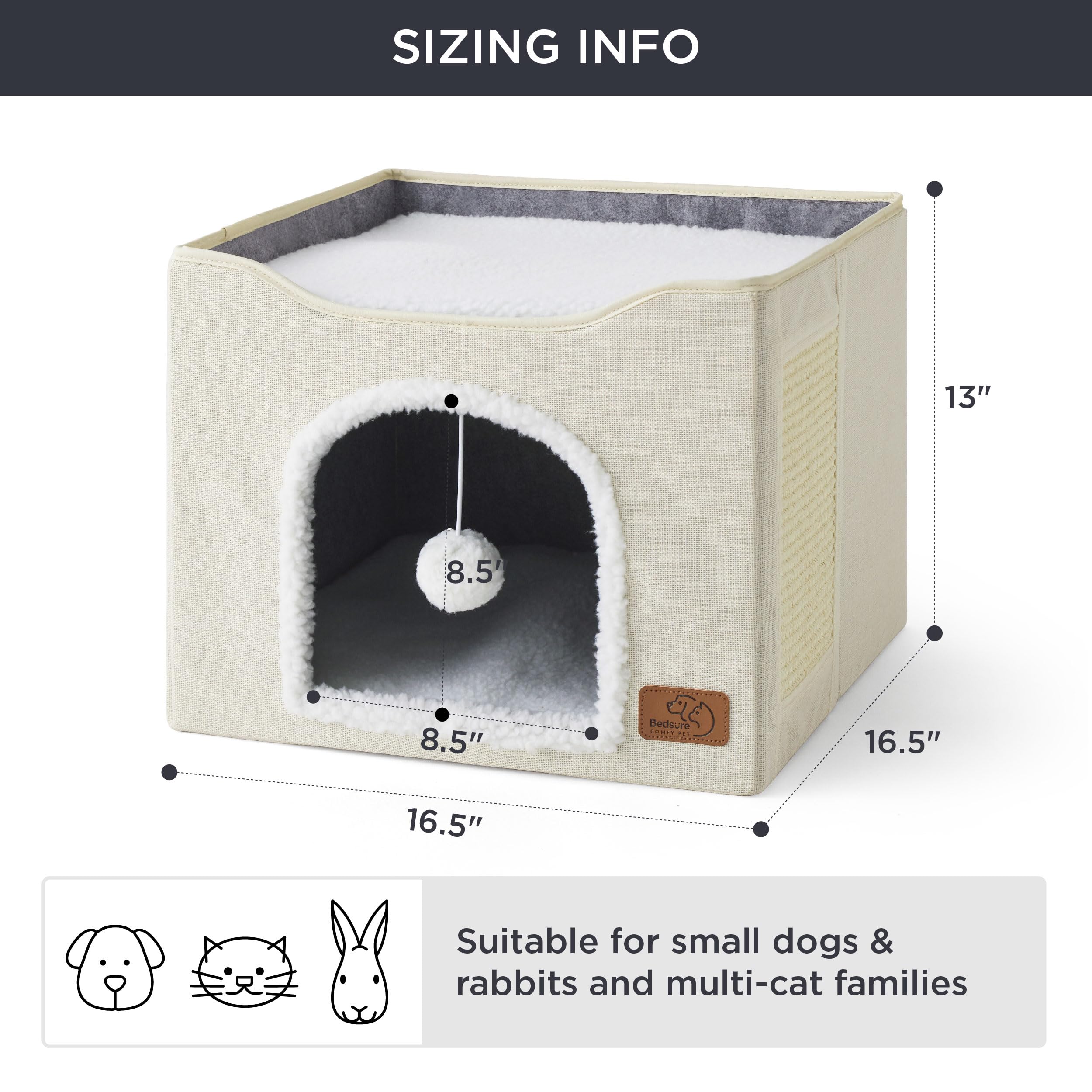 Bedsure Cat Beds for Indoor Cats — Large Ivory Cat Cave with Scratch Pad