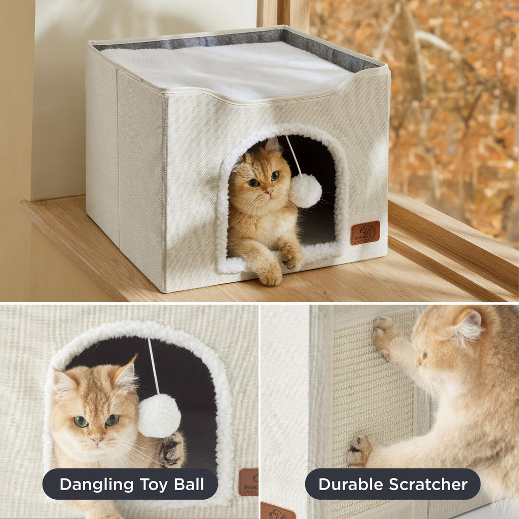 Bedsure Cat Beds for Indoor Cats — Large Ivory Cat Cave with Scratch Pad
