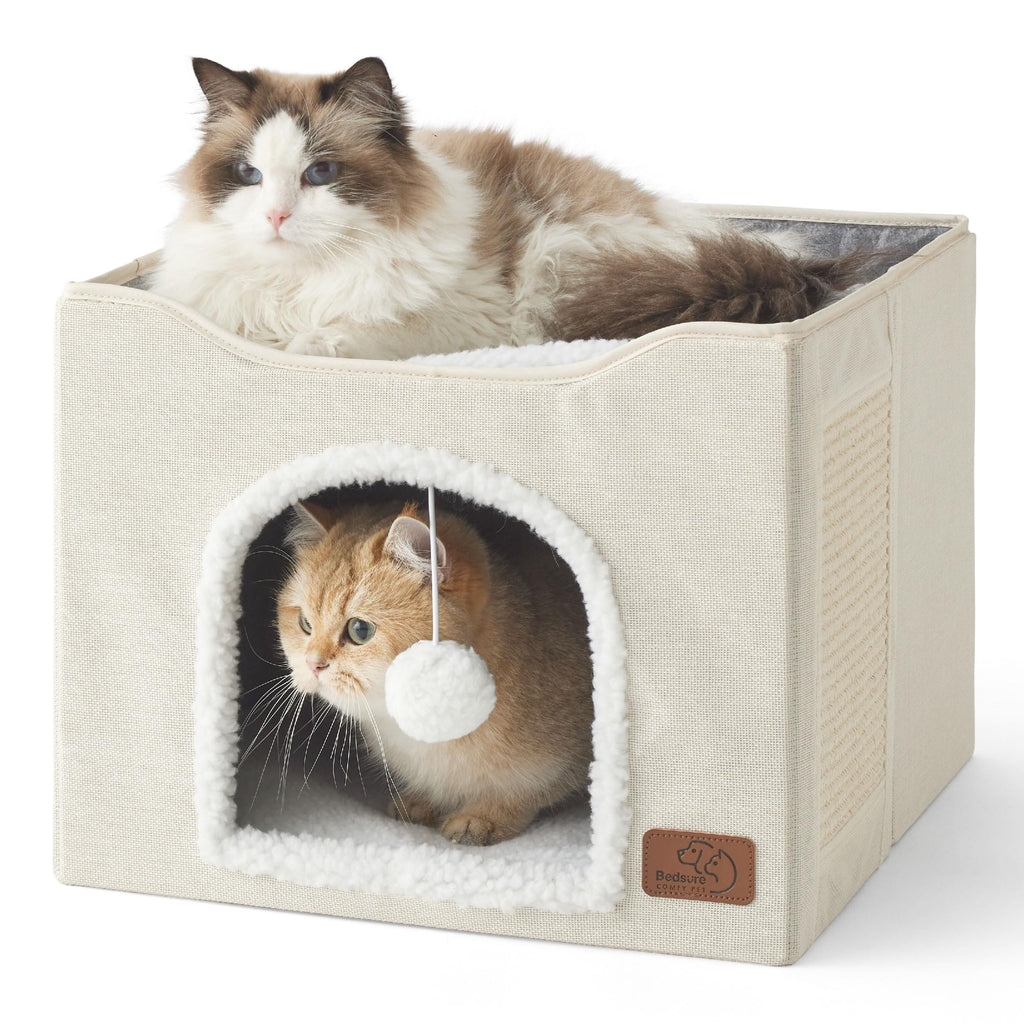 Bedsure Cat Beds for Indoor Cats — Large Ivory Cat Cave with Scratch Pad