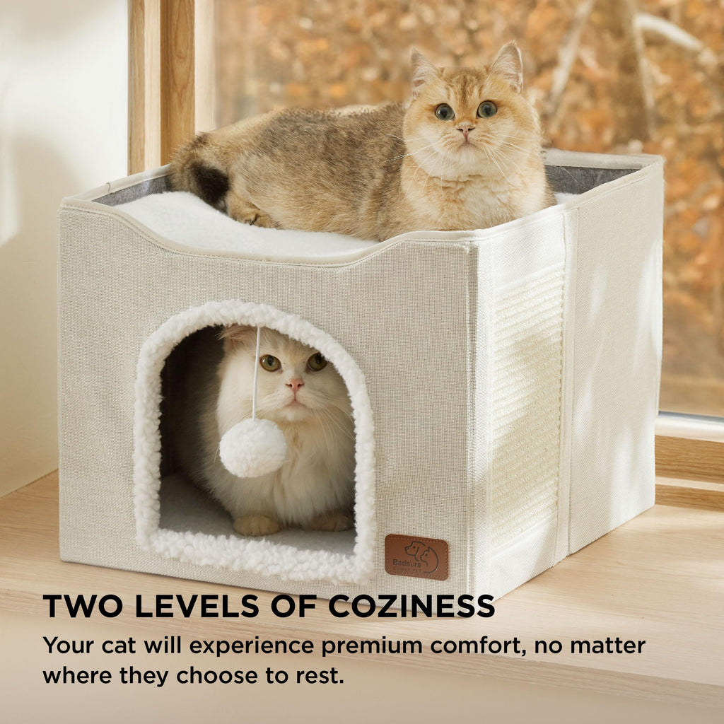 Bedsure Cat Beds for Indoor Cats — Large Ivory Cat Cave with Scratch Pad