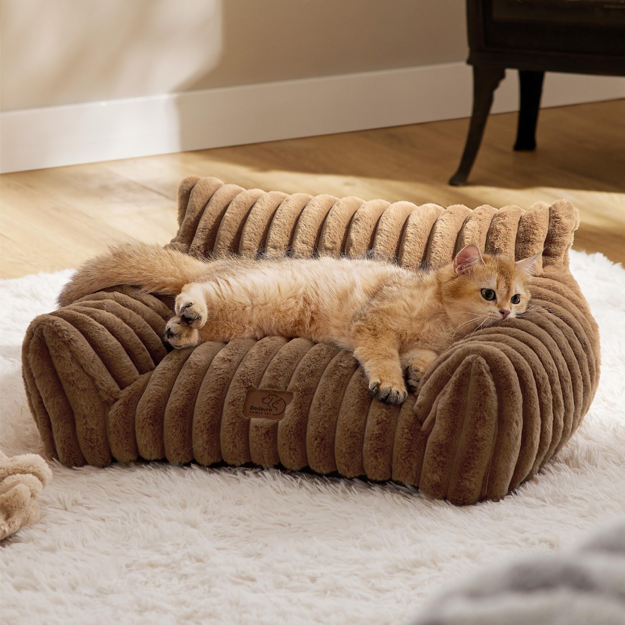 Bedsure Cute Cat Couch for Pets - Fluffy Corduroy Cat Sofa Bed, 24in Copper Brown