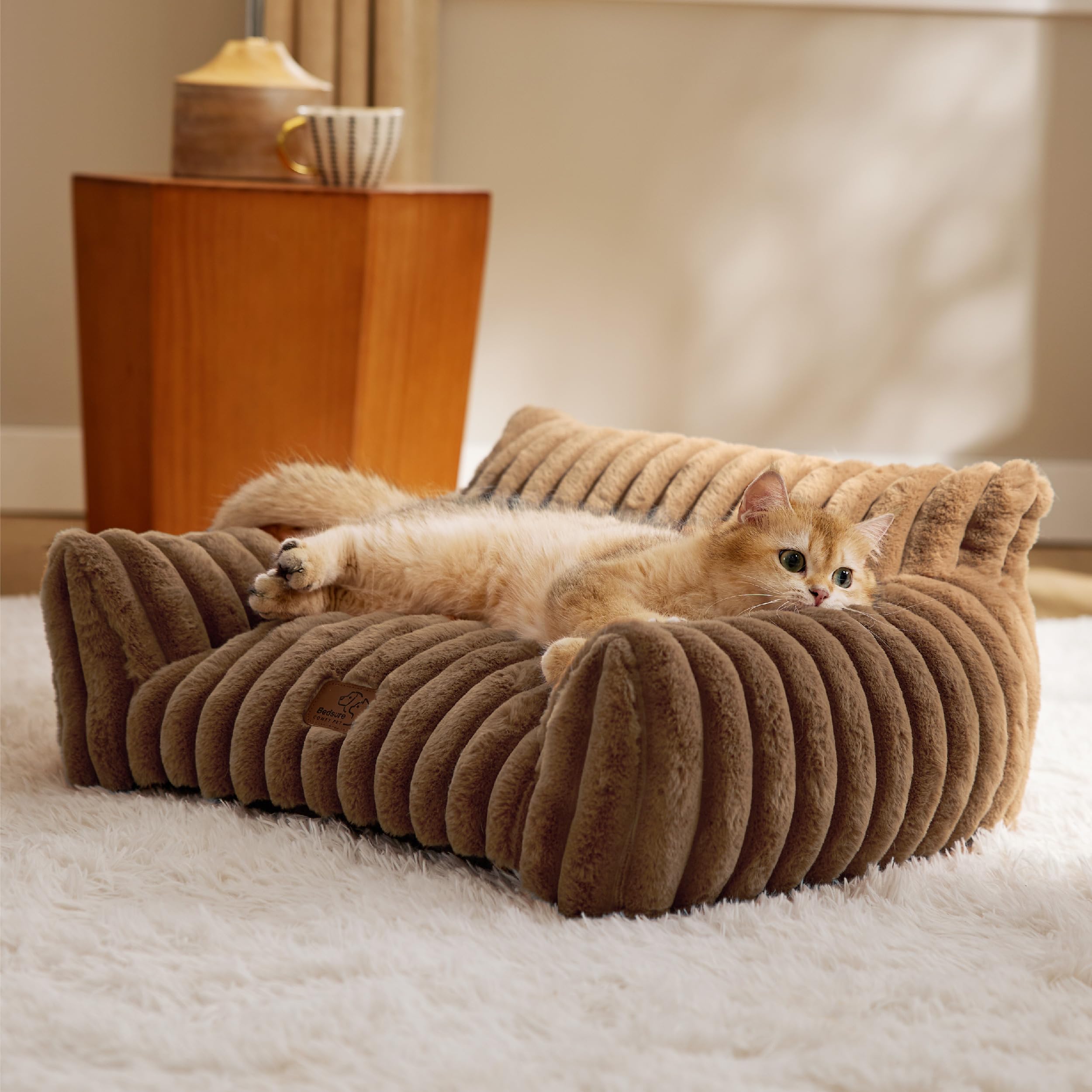 Bedsure Cute Cat Couch for Pets - Fluffy Corduroy Cat Sofa Bed, 24in Copper Brown