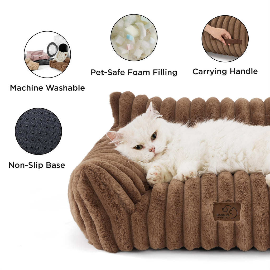 Bedsure Cute Cat Couch for Pets - Fluffy Corduroy Cat Sofa Bed, 24in Copper Brown
