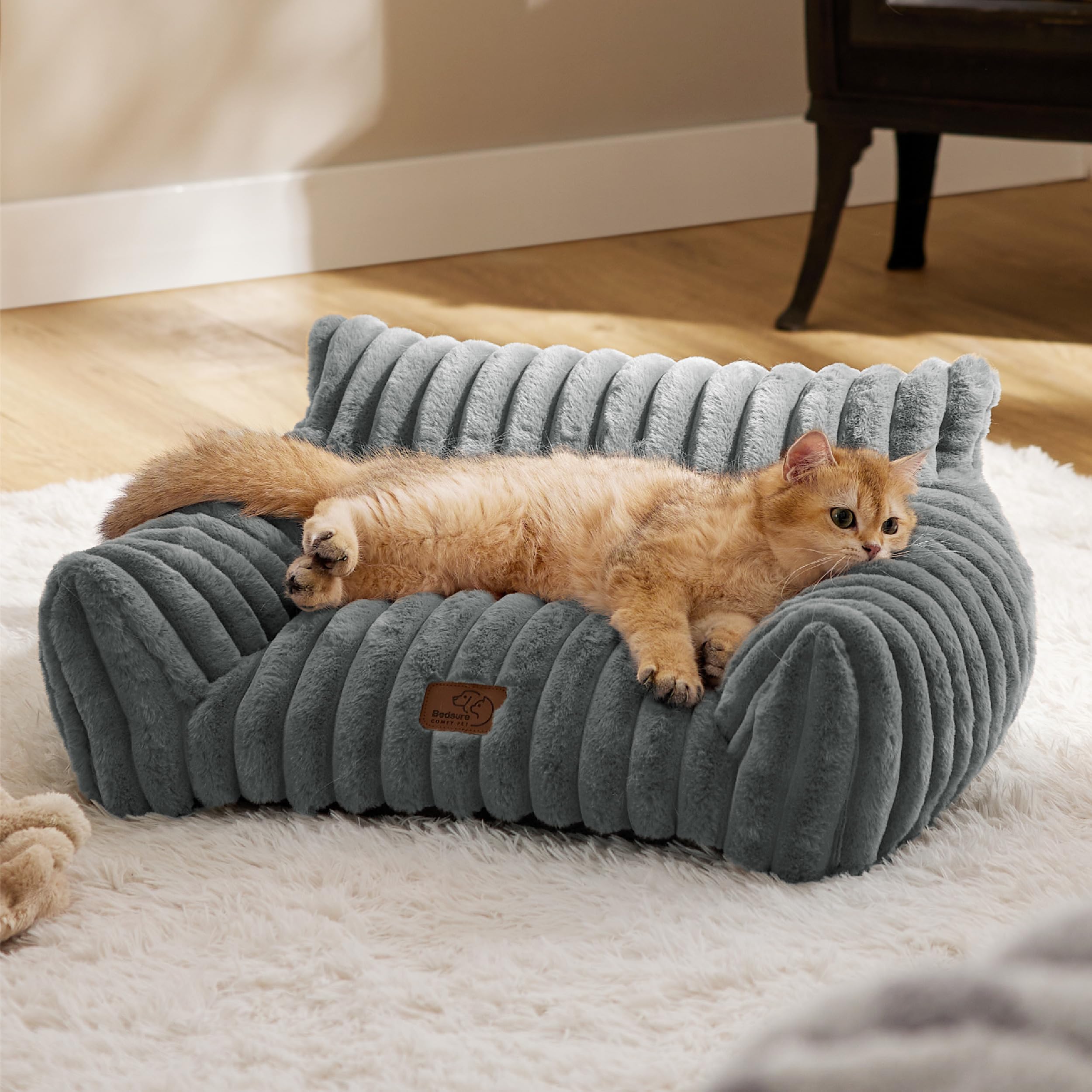 Bedsure Cute Cat Couch for Pets - 24in Warm Grey, Plush Corduroy Fleece with Removable Cover