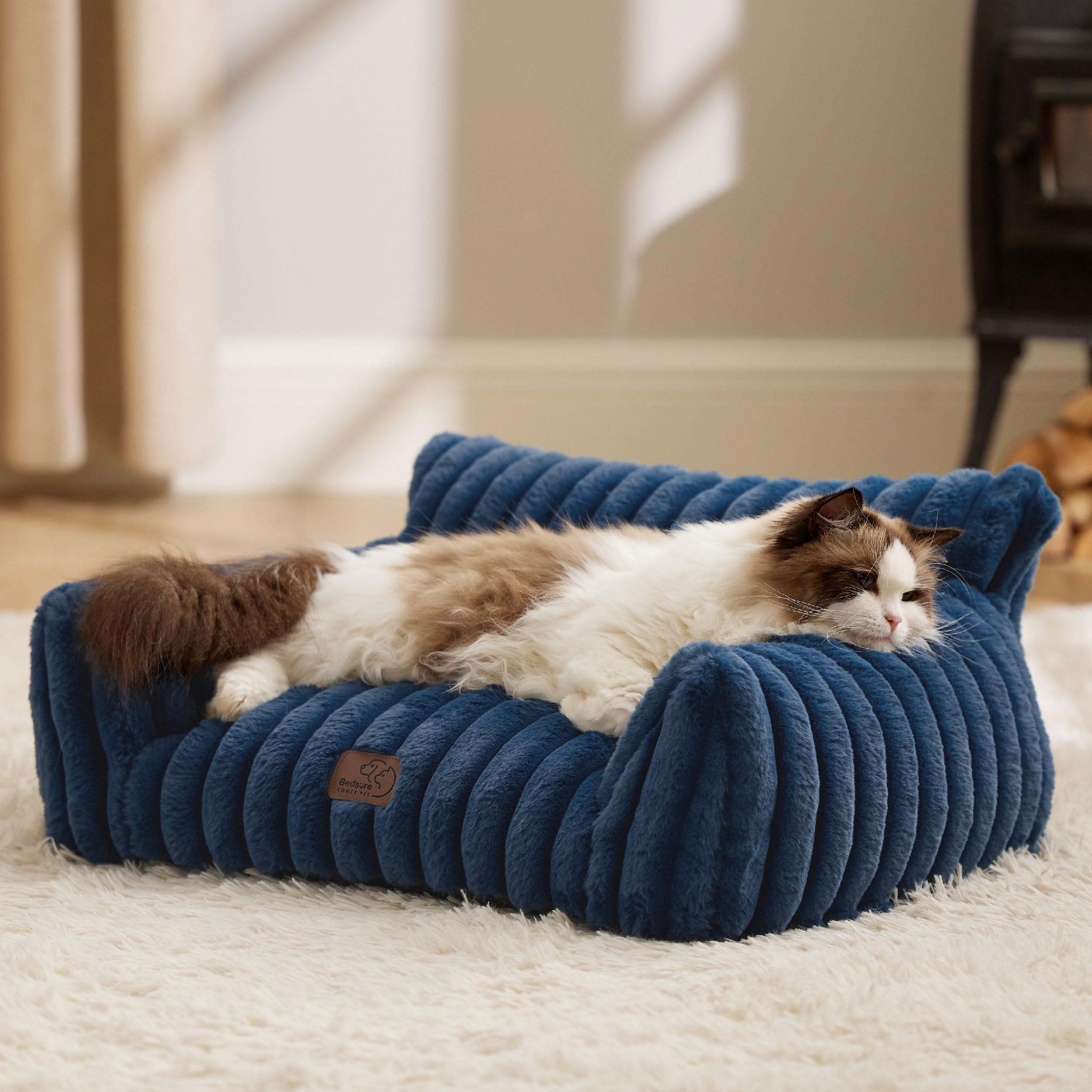 Bedsure Cute Cat Couch 24in Night Blue - Soft Corduroy Pet Sofa