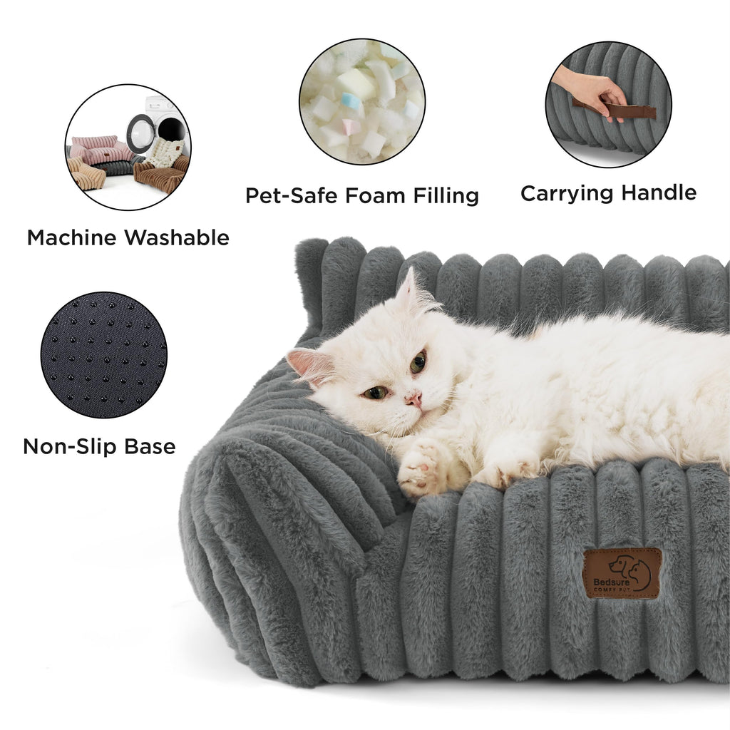 Bedsure Cute Cat Couch for Pets - 24in Warm Grey, Plush Corduroy Fleece with Removable Cover