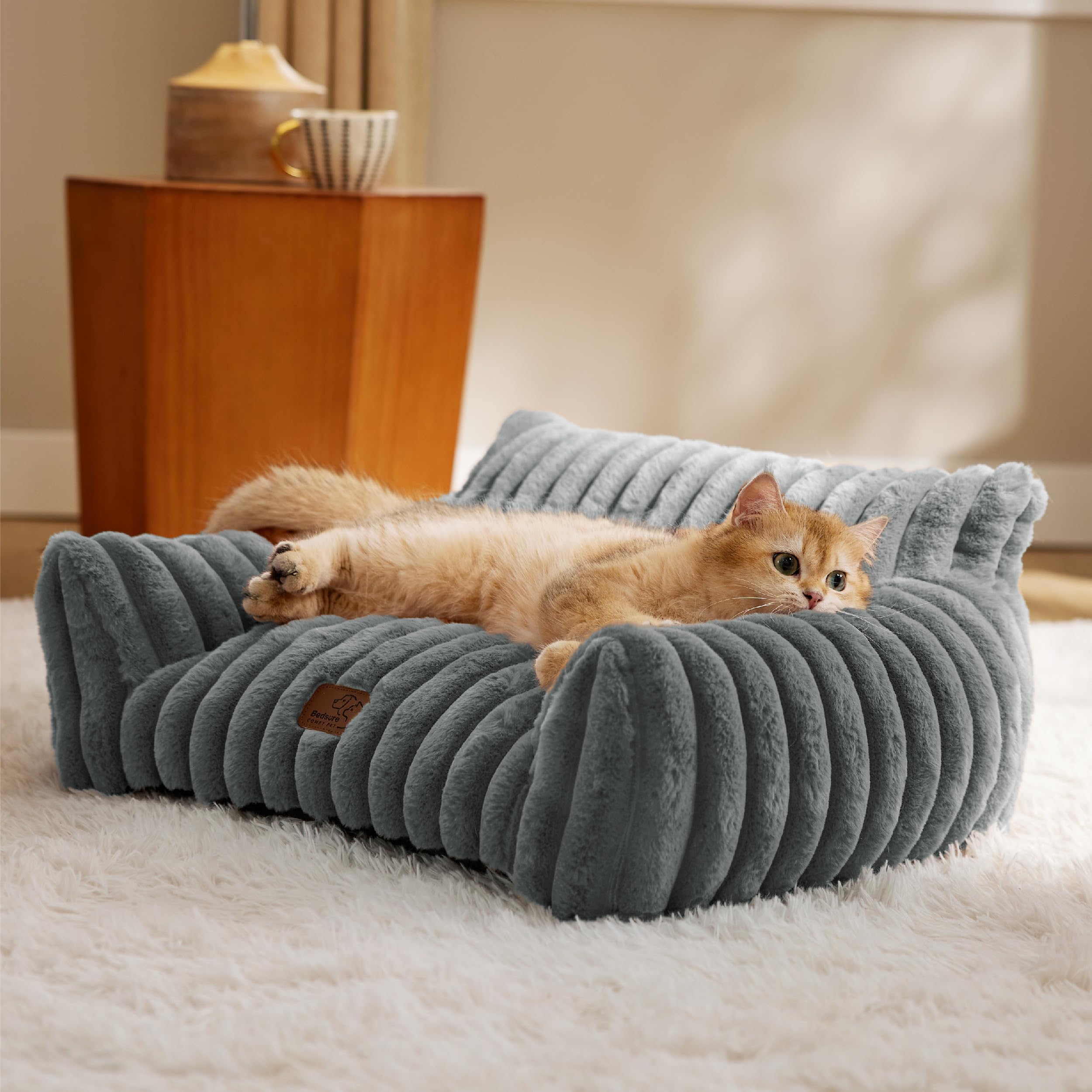 Bedsure Cute Cat Couch for Pets - 24in Warm Grey, Plush Corduroy Fleece with Removable Cover