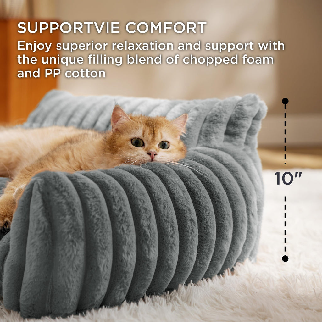 Bedsure Cute Cat Couch for Pets - 24in Warm Grey, Plush Corduroy Fleece with Removable Cover