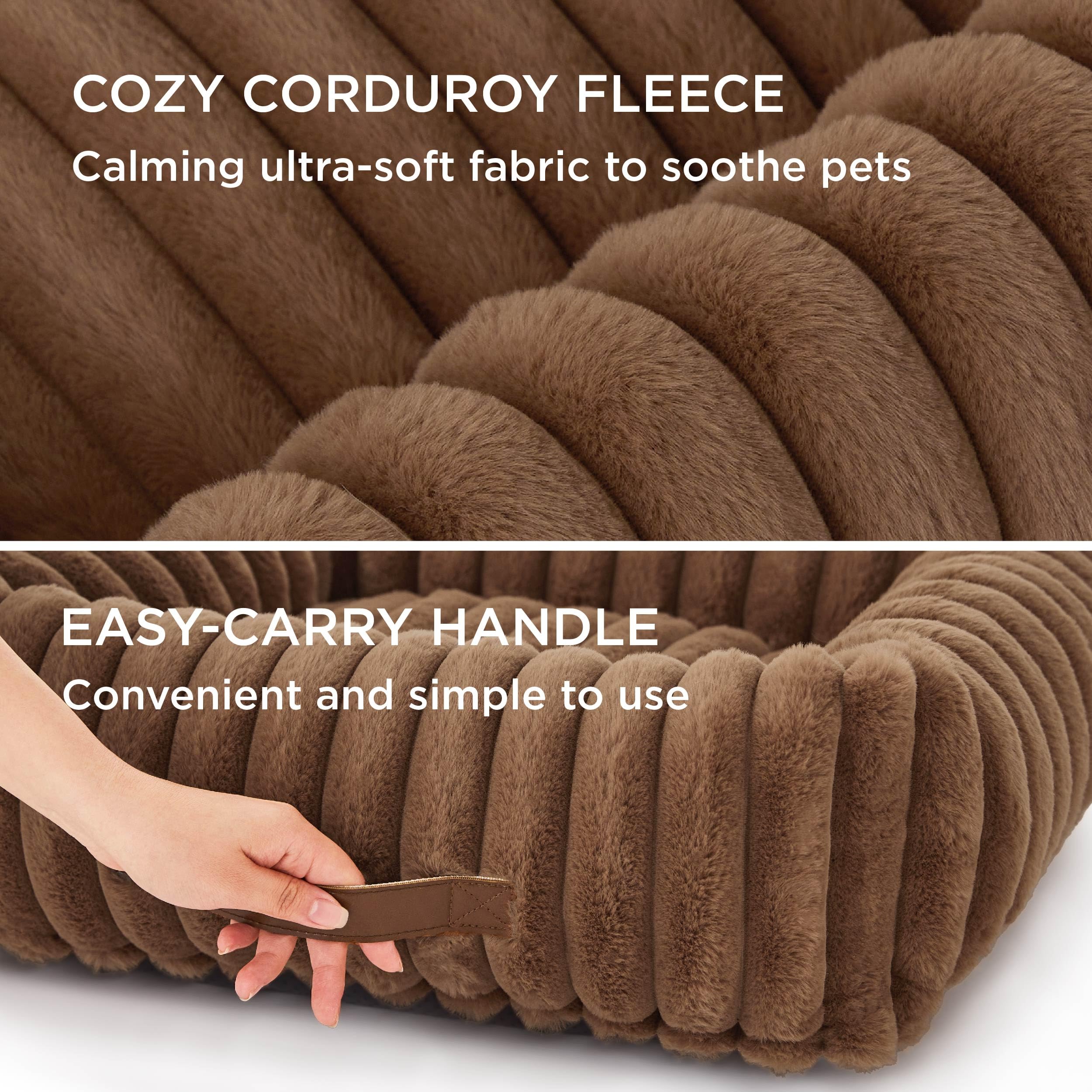 Bedsure Cute Dog Bed for Large Dogs - Washable Furry Rectangle Orthopedic Corduroy Fleece Bed, 36x27x8in, Camel Brown