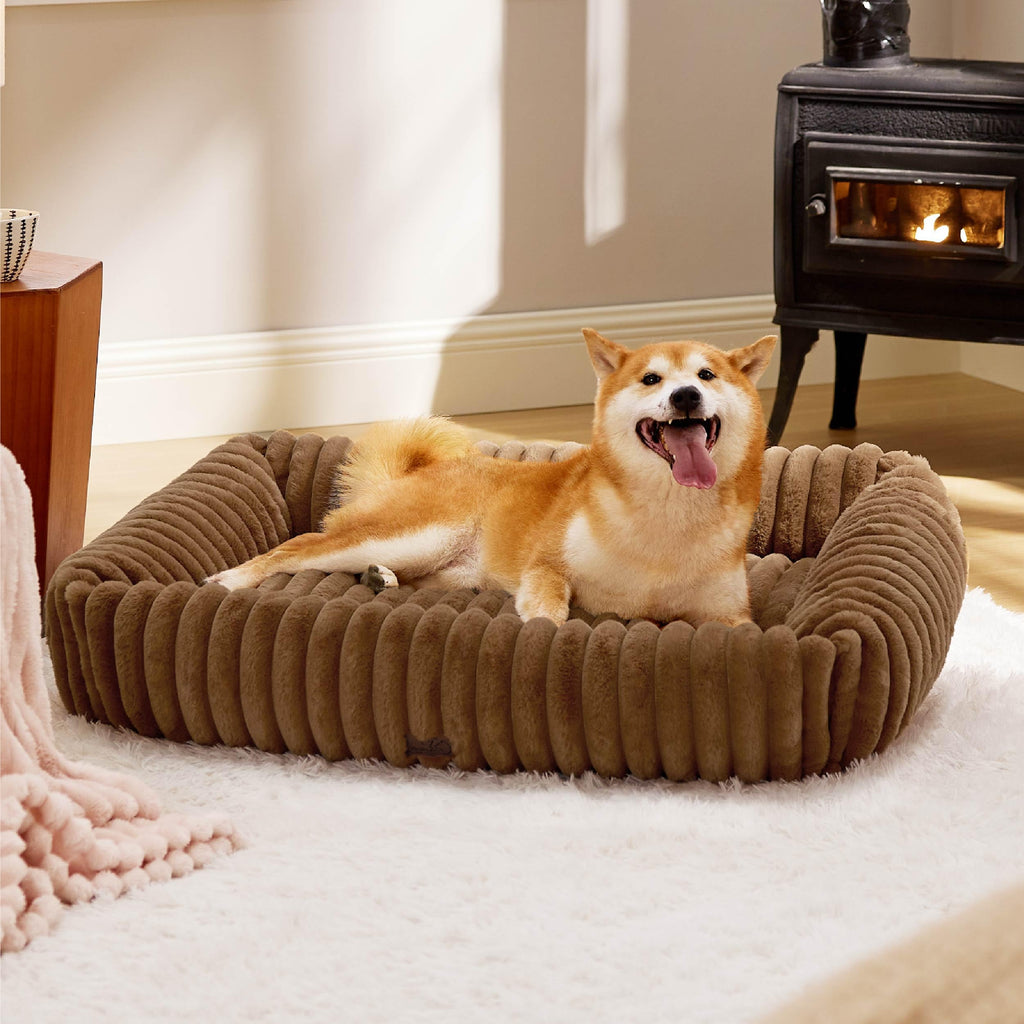 Bedsure Cute Dog Bed for Large Dogs - Washable Furry Rectangle Orthopedic Corduroy Fleece Bed, 36x27x8in, Camel Brown