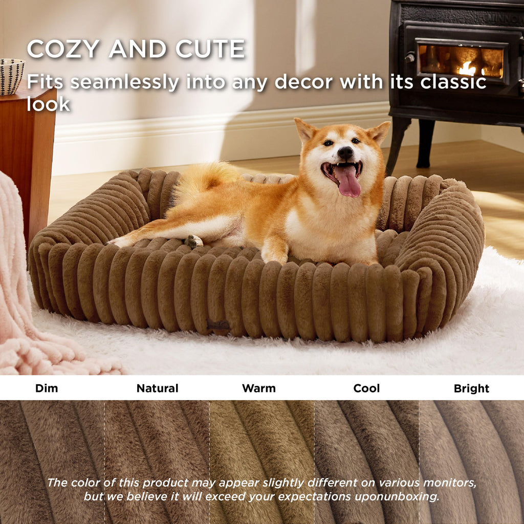 Bedsure Cute Dog Bed for Large Dogs - Washable Furry Rectangle Orthopedic Corduroy Fleece Bed, 36x27x8in, Camel Brown