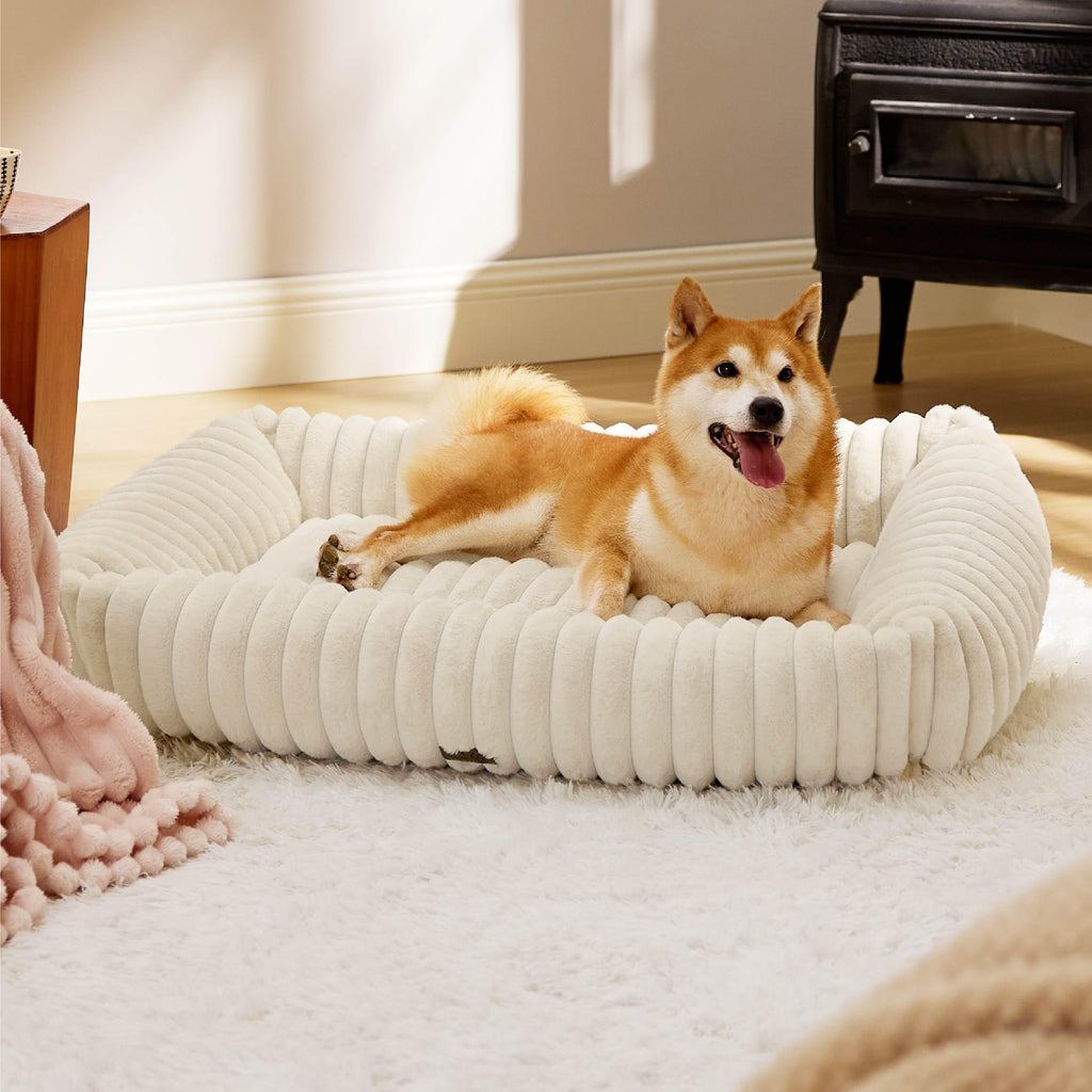 Bedsure Cute Dog Beds – Large Washable Furry Orthopedic Rectangular Bed (36x27x8in, Cream)