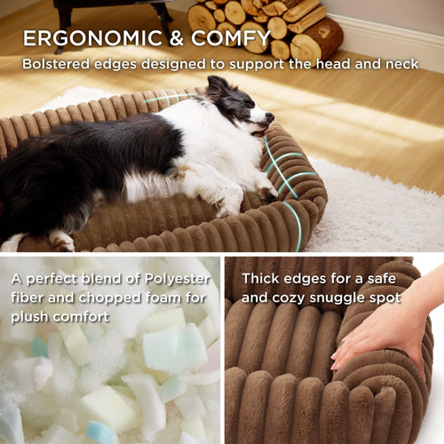 Bedsure Cute Dog Bed for Large Dogs - Washable Furry Rectangle Orthopedic Corduroy Fleece Bed, 36x27x8in, Camel Brown