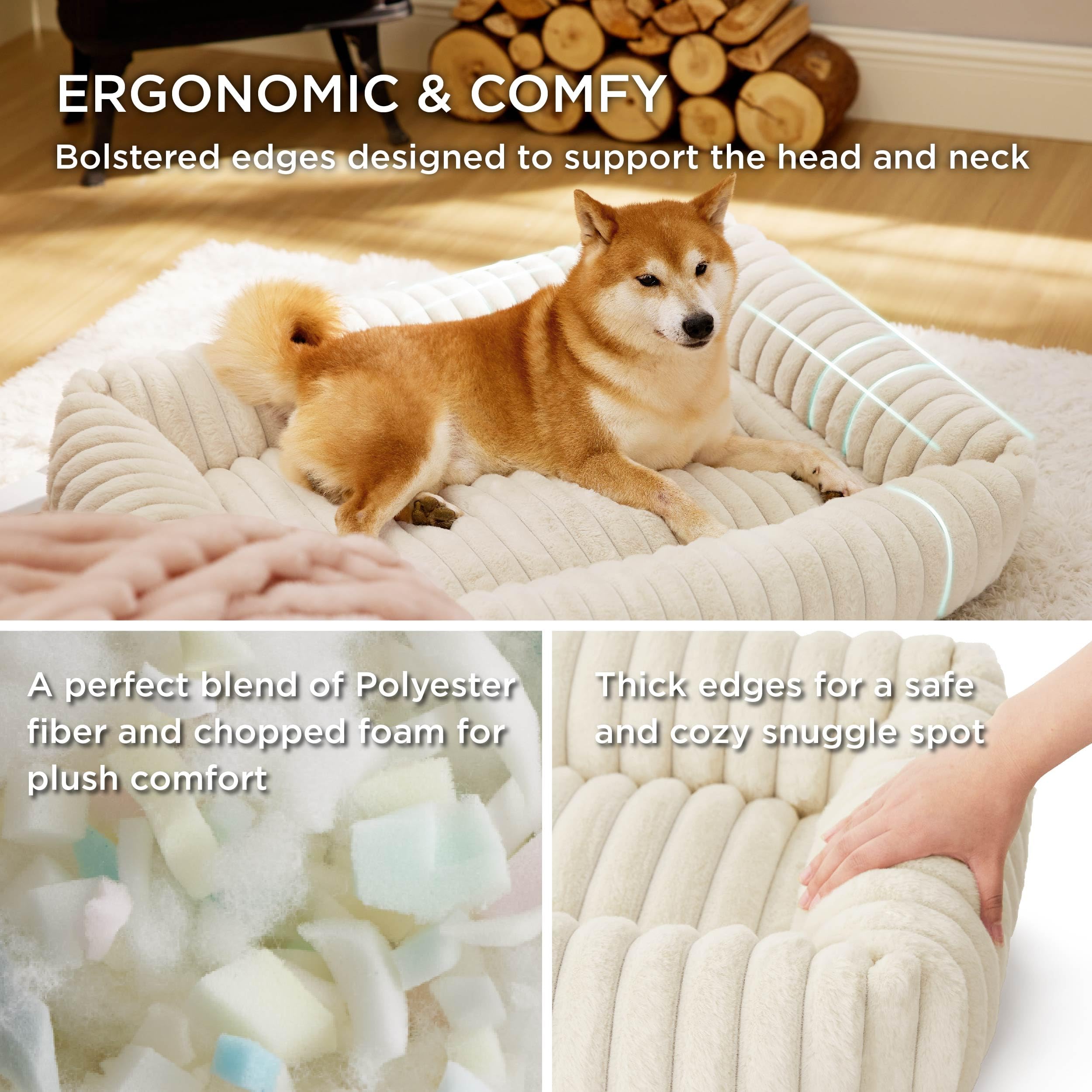 Bedsure Cute Dog Beds – Large Washable Furry Orthopedic Rectangular Bed (36x27x8in, Cream)