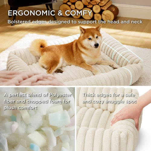 Bedsure Cute Dog Beds – Large Washable Furry Orthopedic Rectangular Bed (36x27x8in, Cream)