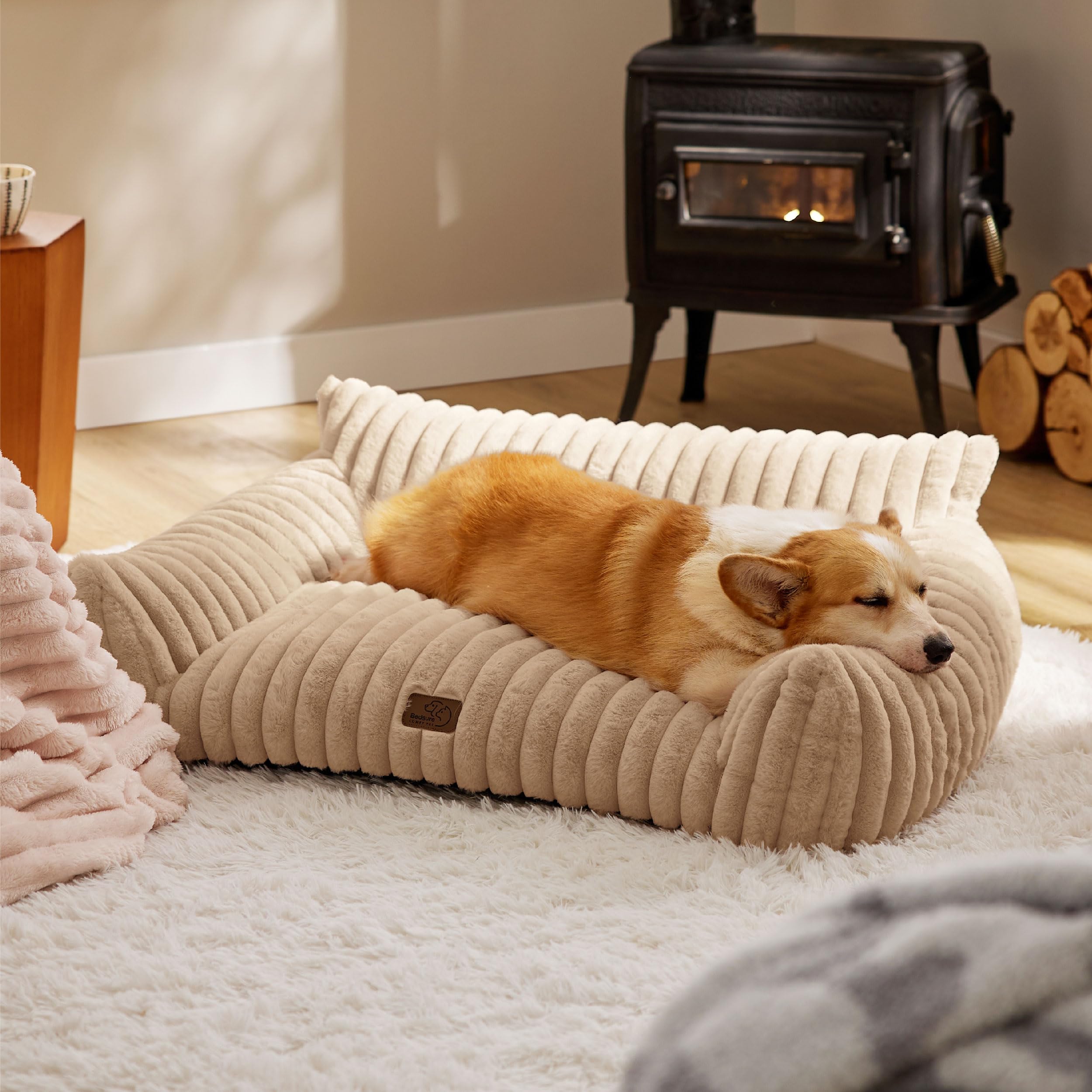 Bedsure Cute Dog Couch 36in Tuscan Beige – Premium Soft Corduroy Pet Sofa Bed