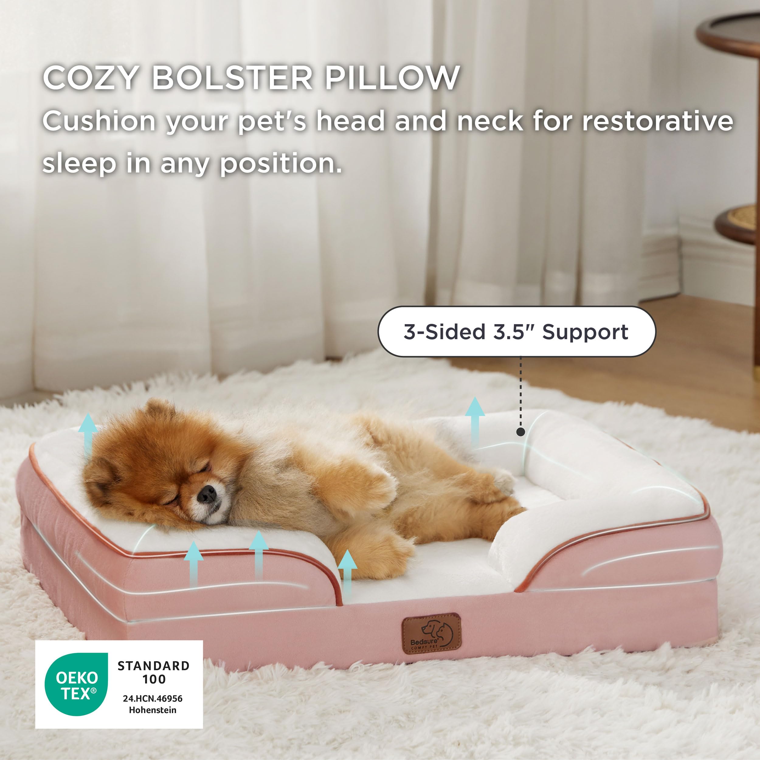 Bedsure Small Orthopedic Dog Bed - Washable Bolster Sofa for Small Dogs (Pink)