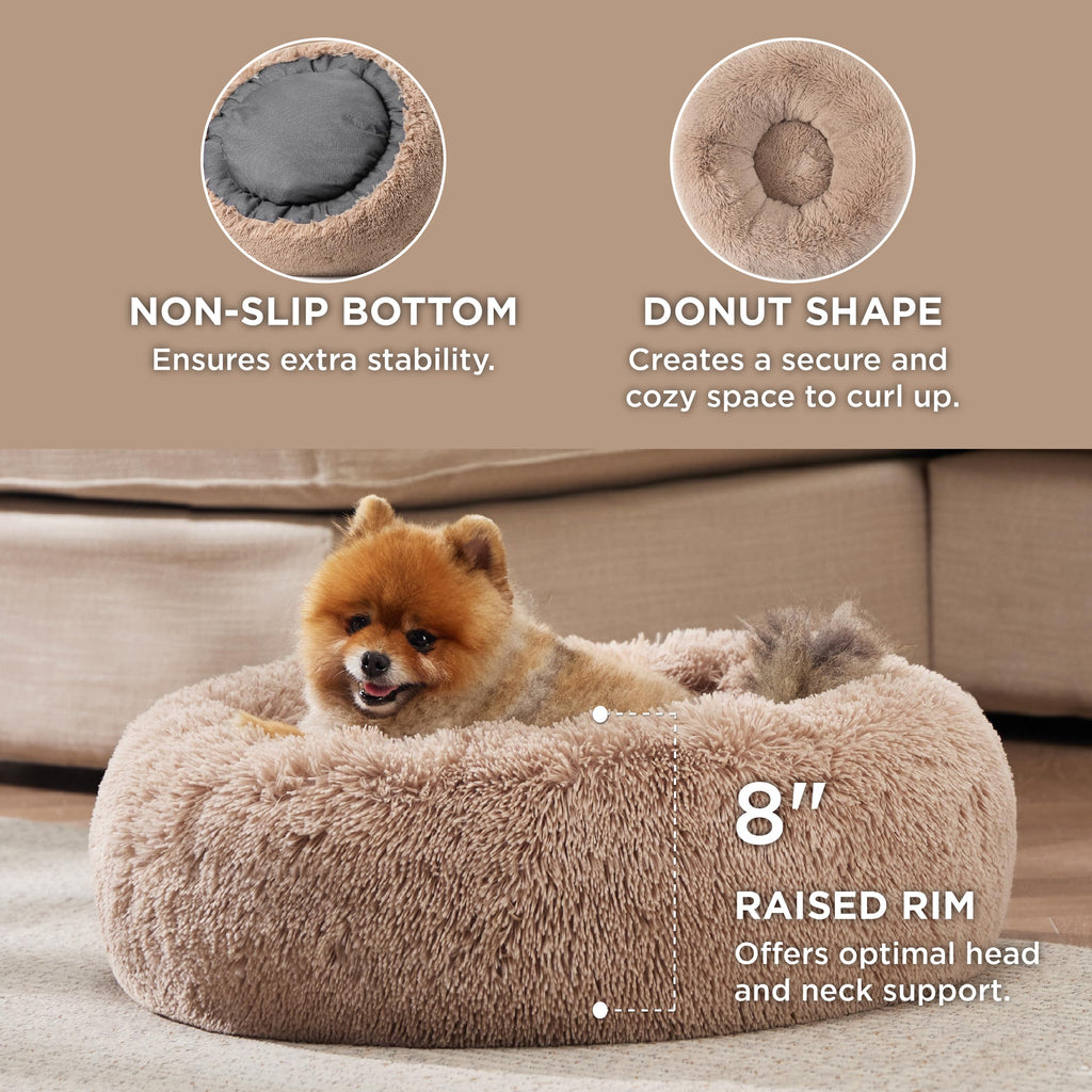 Bedsure Calming Donut Dog Bed for Small to Medium Dogs - 27-Inch Round Anti-Slip Camel