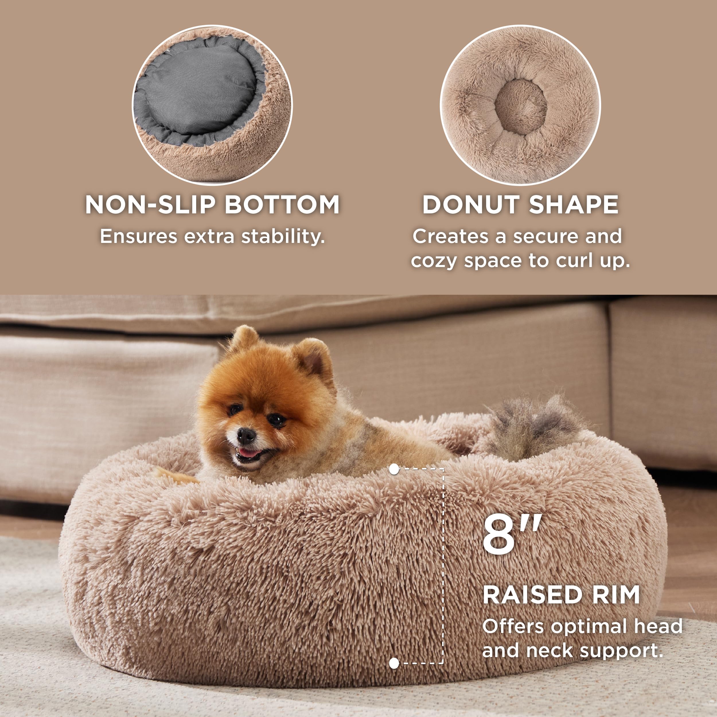 Bedsure Calming Donut Dog Bed for Small to Medium Dogs - 27-Inch Round Anti-Slip Camel