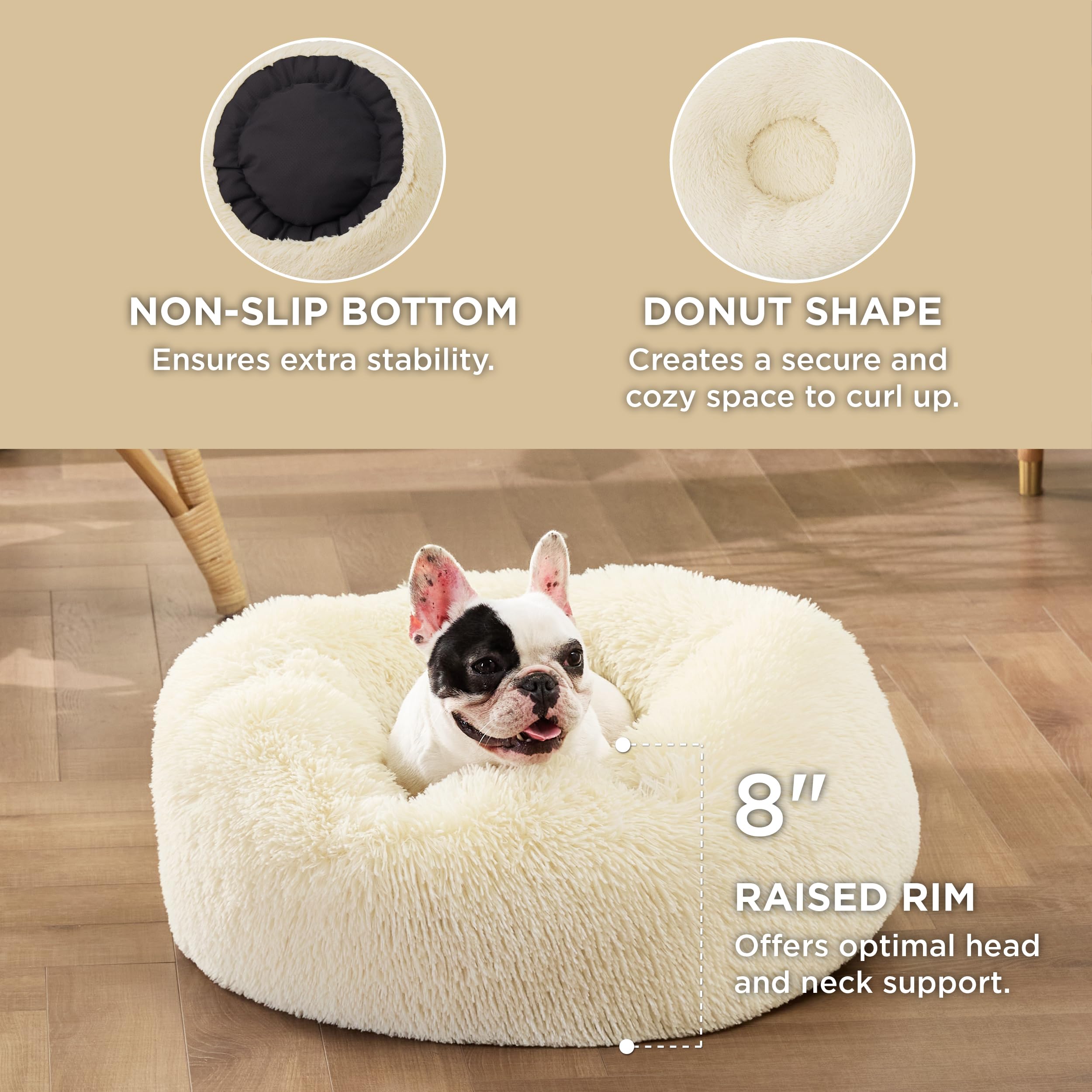 Bedsure Calming Donut Dog Bed for Small Dogs – 23-Inch Round, Ivory Beige, Non-Slip & Washable