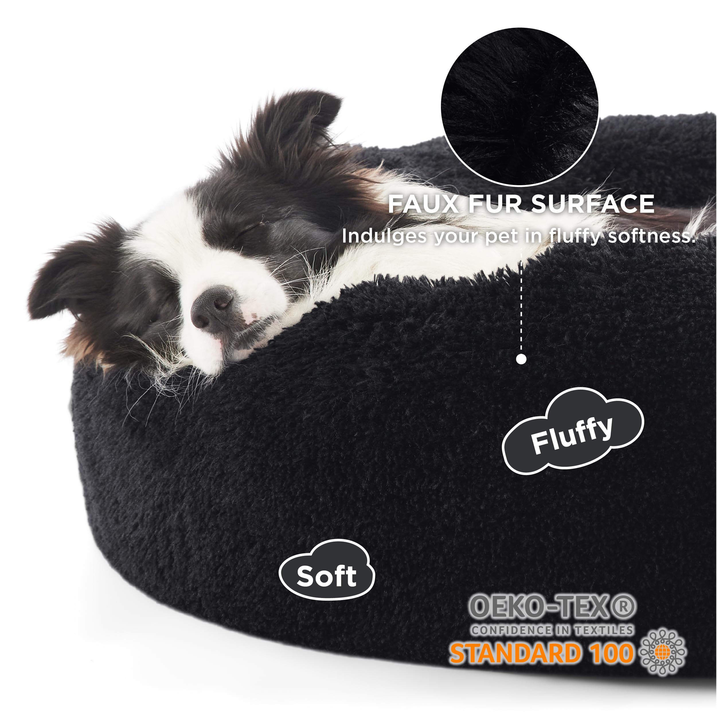 Bedsure Calming Dog Bed for Large Dogs — 36-Inch Donut Round, Anti-Slip, Plush Faux Fur, Up to 80 lbs | Black